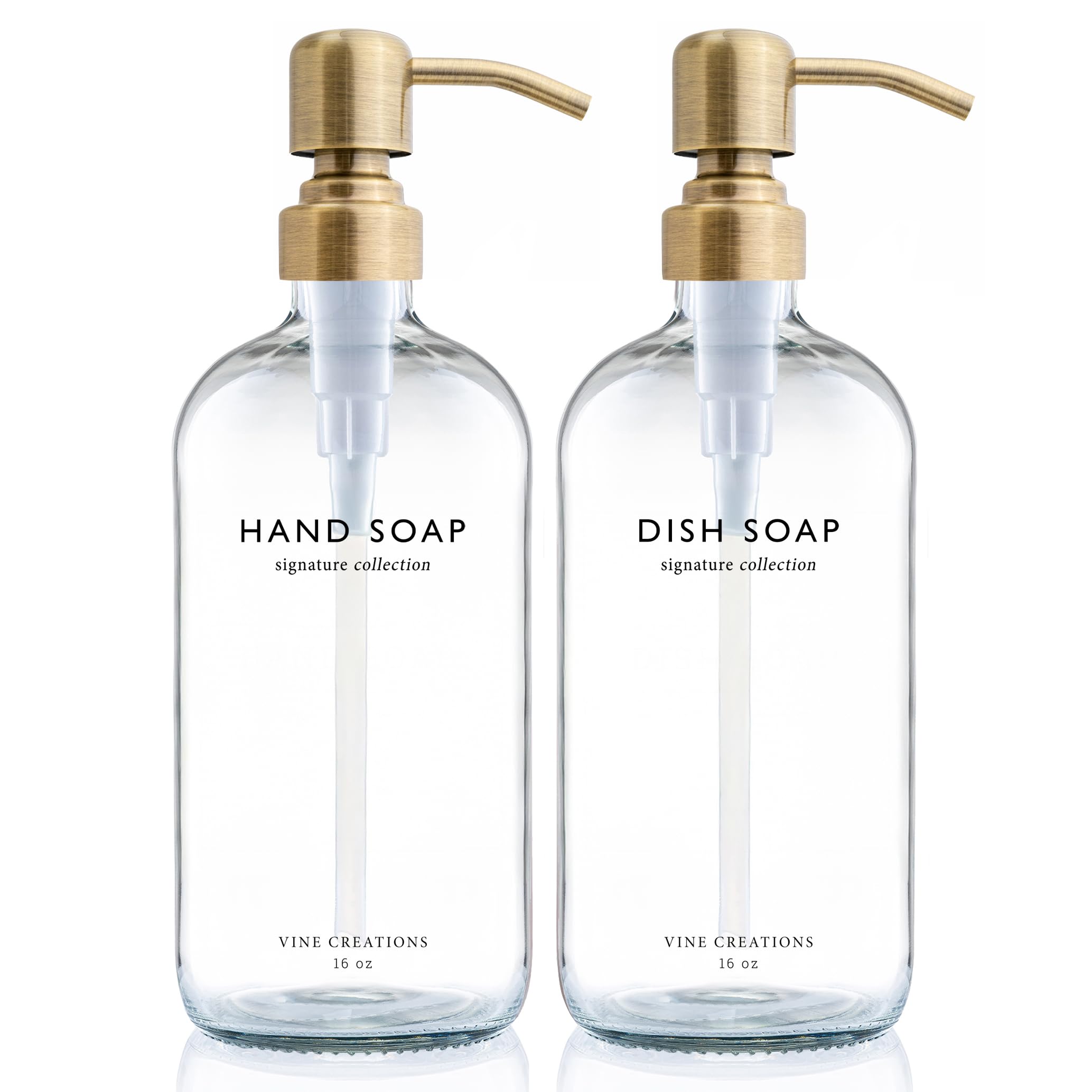 Vine Creations Clear Glass Soap Dispenser Set, Dish Soap and Hand Soap Dispenser Set with Stainless Steel Pump, 16 oz Glass Dispensers for Kitchen