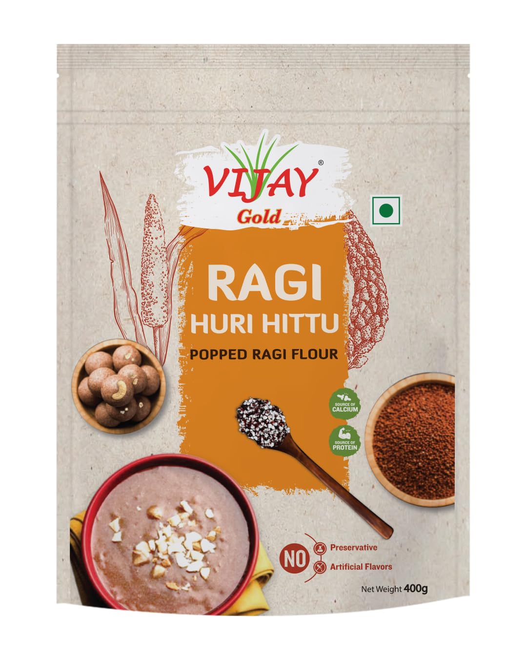 Vijay Gold Ragi Huri Hittu 400 GM| Popped Ragi Flour | | Roasted Finger Millet Powder | Roasted Nachni Atta | Traditional Ragi Flour for Laddu, Porridge, Dosa etc