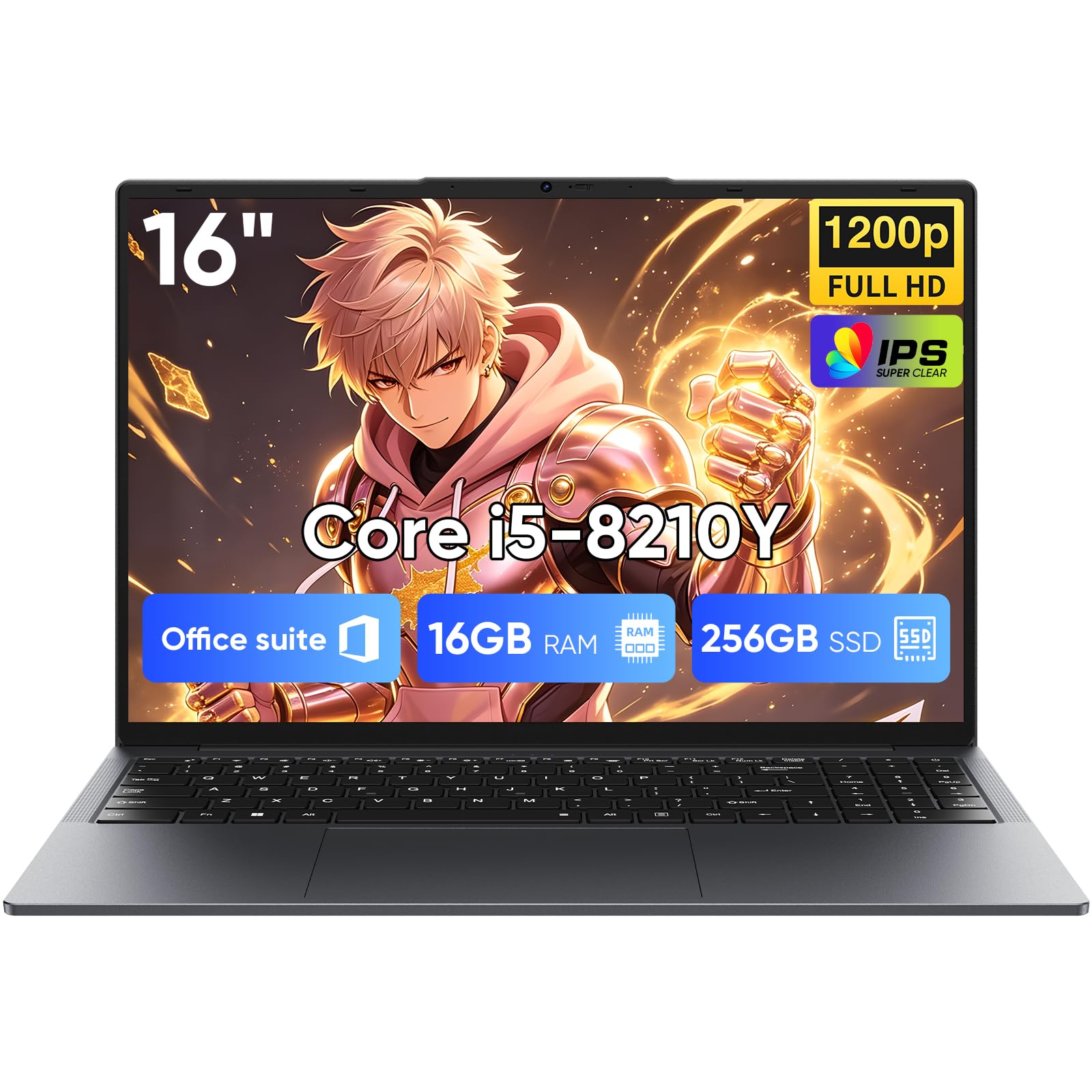 16" Ordinateur Portable Gamer-Core i5-8210Y(Jusqu'à 3,6 GHz),16GB RAM,256GB SSD,FHD 1920x1200 16:10,Clavier rétroéclairé Wi-FI5 BT5.0,USB-A,HDMI,RJ45 Film Silicone AZERTY 44Wh (7.6V/5800MA)
