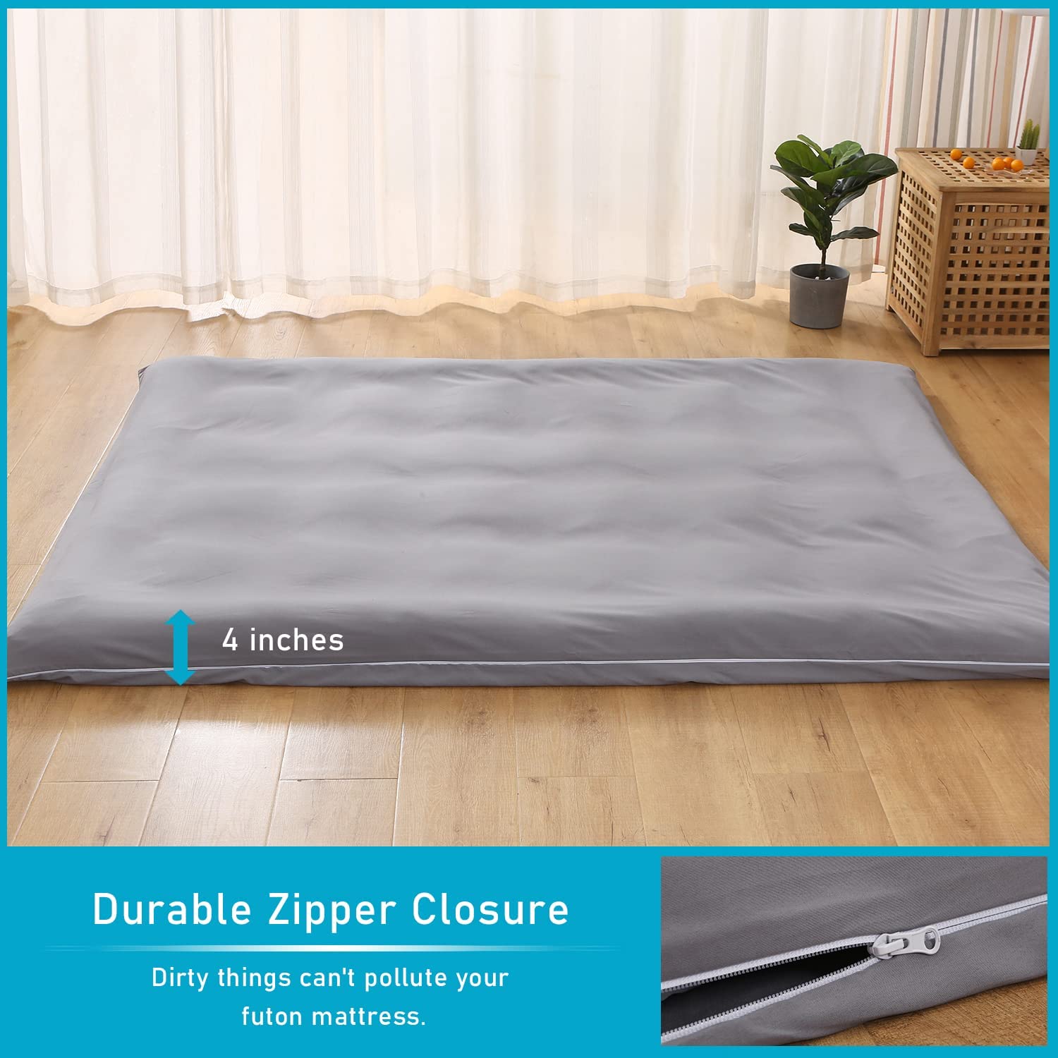 Protège-matelas futon en coton beige, lit double, 100 x 200 cm, avec fermeture éclair, lavable, résistant à la poussière, pour literie japonaise