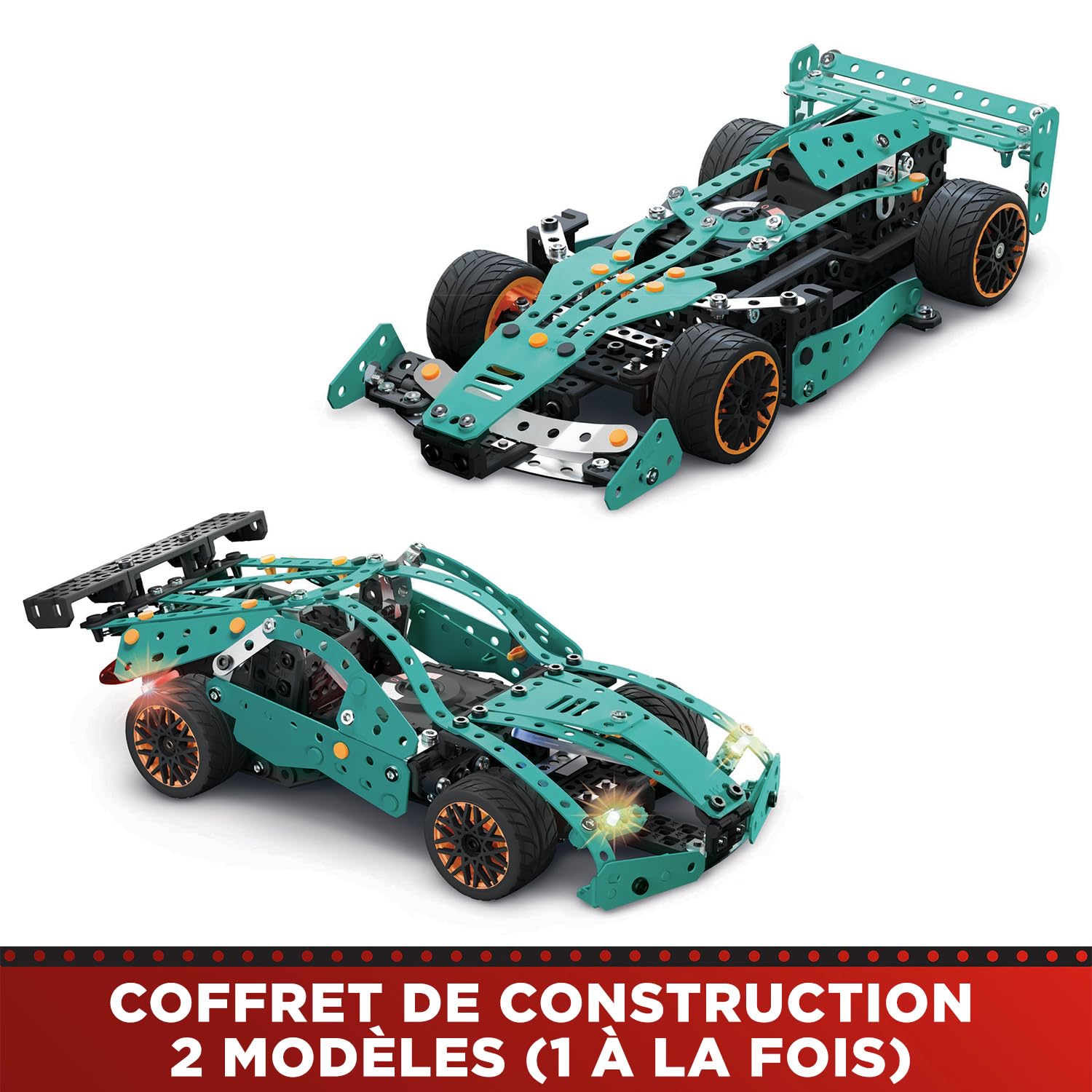 BANDAI - Meccano Voiture de Course 2 en 1 - Coffret de Construction 2 Modèles Formule 1-353 pièces, Outils, Notice - Kit Activité Assemblage Voitures F1 Supercar - Jouet Enfant 10 Ans et + -APM20108