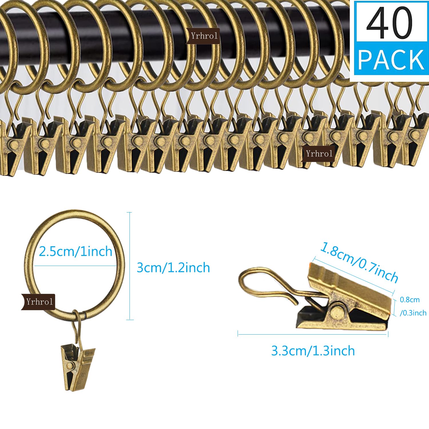 40 anelli per tende per bastone, in ottone anticato con clip, diametro interno per tende, ganci per bagno, soggiorno e camera degli ospiti (2,5 cm)