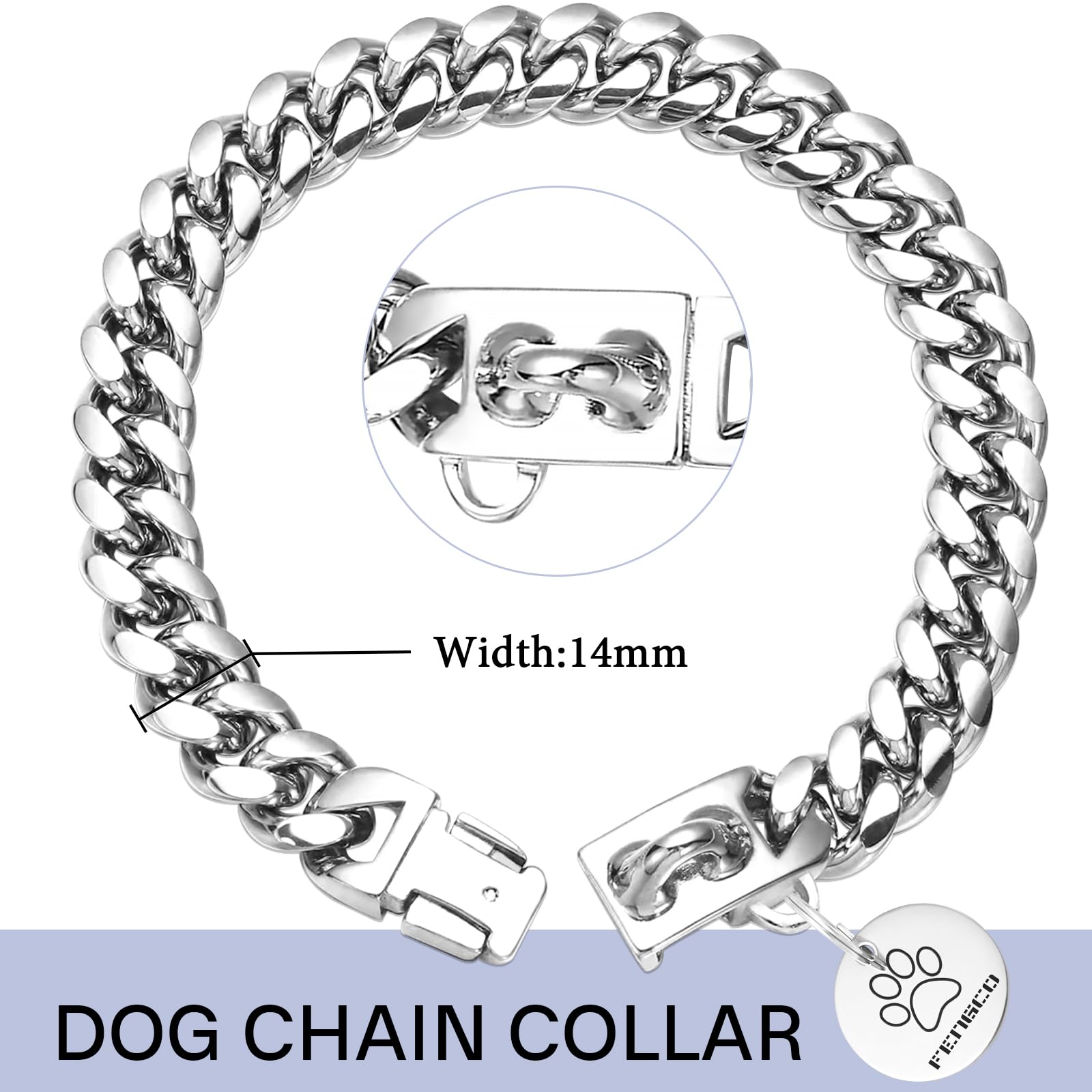 Silver Dog Chain Collar with Dog Tag Pendent Cuban Collar Necklace Metal Chain Collar Stainless Steel Pet Cuban Links Collars for Dogs(14inch) - Image 4