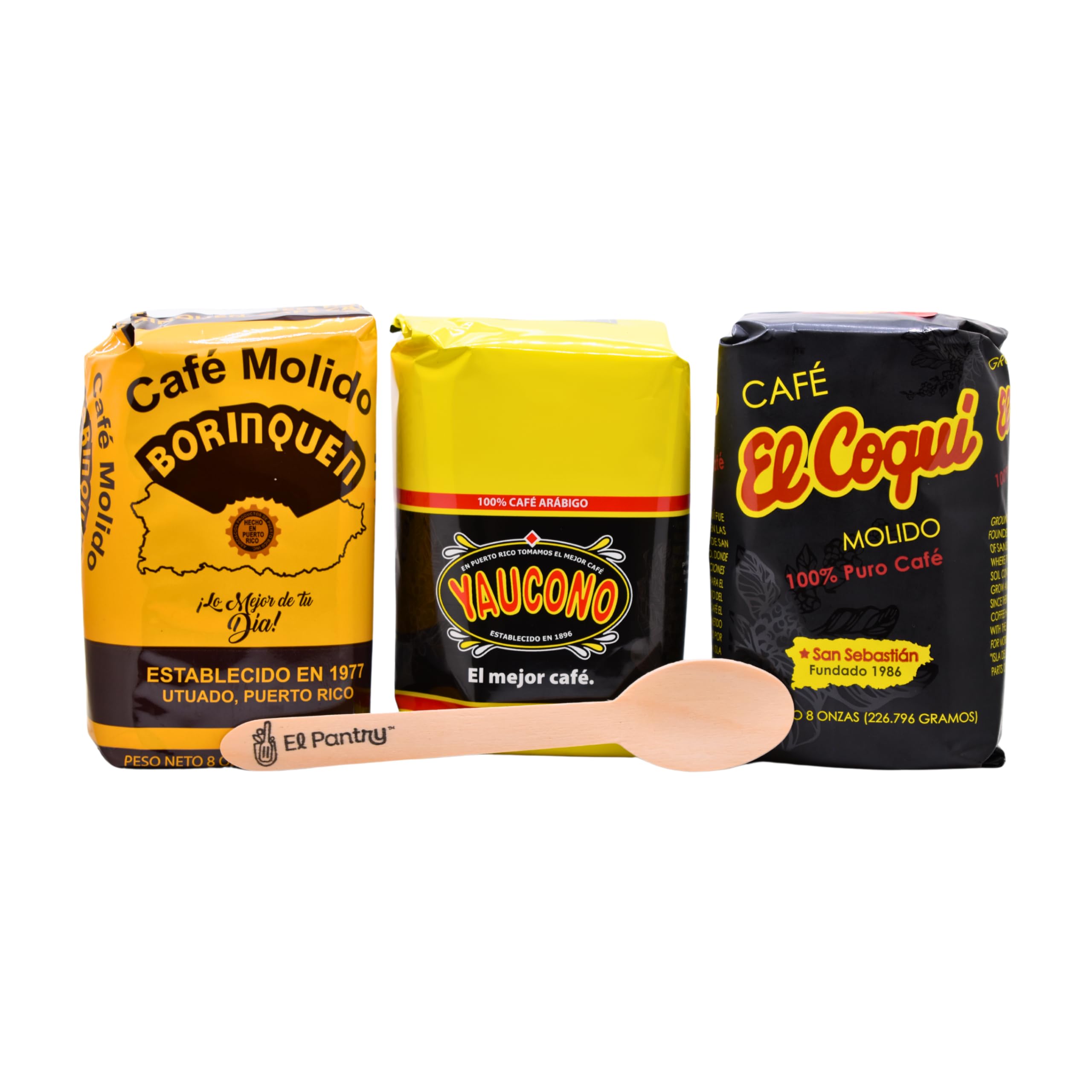 Puerto Rican Ground Coffee 3-Pack (8oz Each) – Café El Coqui, Yaucono & Borinquen – 100% Arabica Medium Roast, Bold Flavor + Wooden Spoon – El Pantry