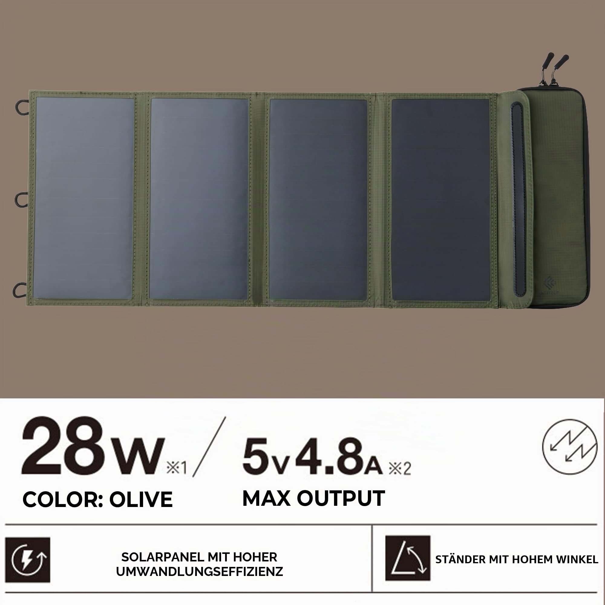 ELECOM NESTOUT Tragbares Solarmodul, Dual-USB-A-Ports, 28 W Stromerzeugungs-Ladegerät für Handy, Camping, strapazierfähiges, wasserabweisendes Ripstop-Nylon, faltbar, leicht, verstellbare Ständer (4