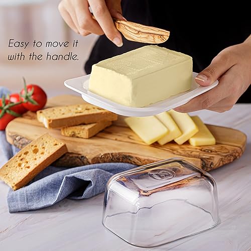 Miniatura 3 de Crystalia Mantequillera con tapa, grande de plástico con cubierta de vidrio, bonito soporte para barra de mantequilla europea, bandeja de