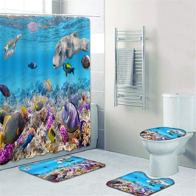 Fgolphd Underwater World Shower Curtain 180 x 200 cm 180 x 180 cm Beach Colourful Bathroom Rug 4-Piece Set Shower Curtains Waterproof (6.120 x 200 cm)