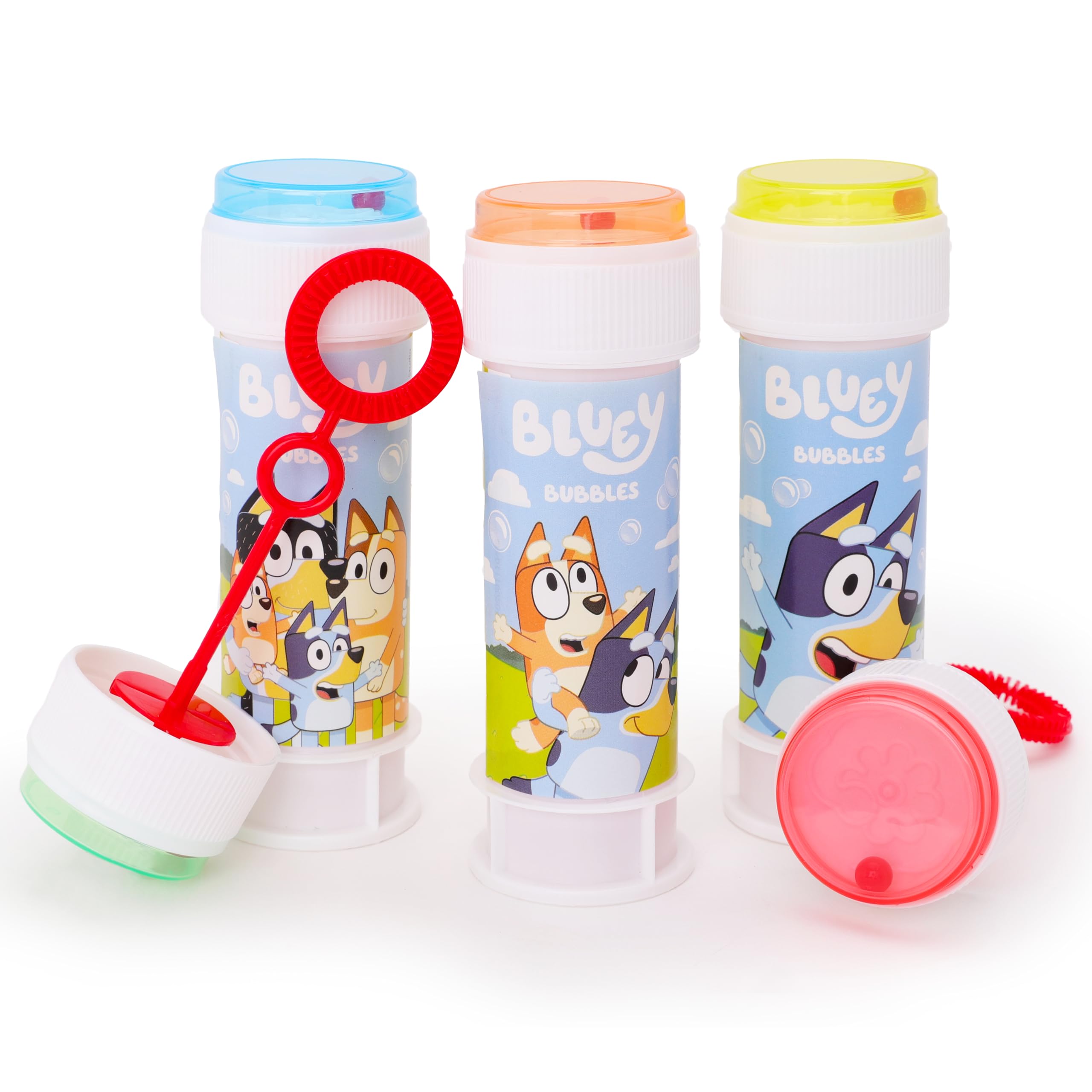 Toyland® Pack de 3 Botes de Burbujas Bluey con varitas, solución de 60 ml y Tapa de Laberinto novedosa - Juguetes para bolsitas de Fiesta y Dinero de Bolsillo