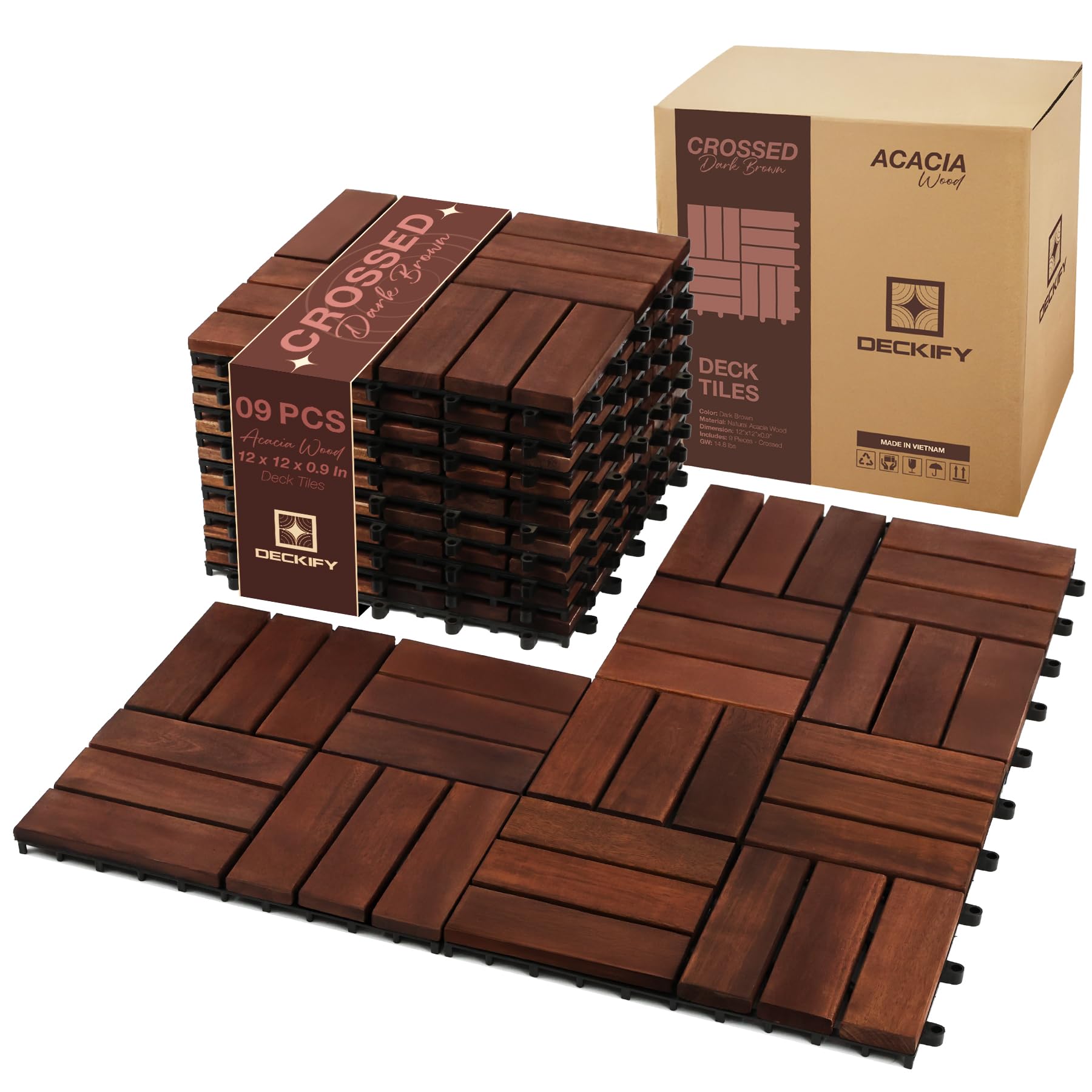 Photo 1 of ***MISSING PARTS***
DECKIFY 9Pcs Acacia Wood Interlocking Patio Deck Tiles, 12 x 12 x 0.9 Inch Outdoor Flooring, Waterproof for All-Weather Use – Crossed, Dark Brown