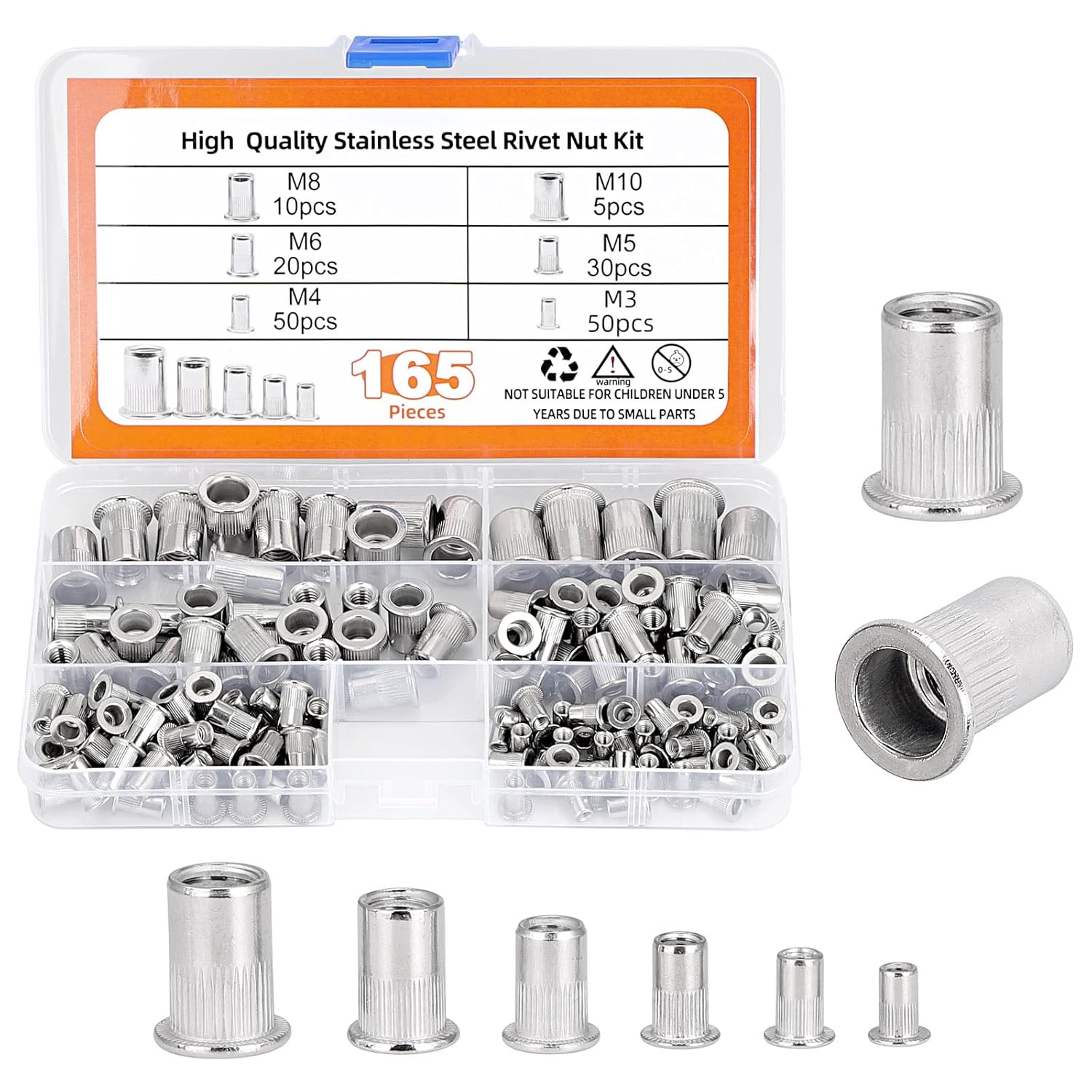 165PCS Metric Stainless Steel Rivet Nuts Kit M3 M4 M5 M6 M8 M10 Rivet