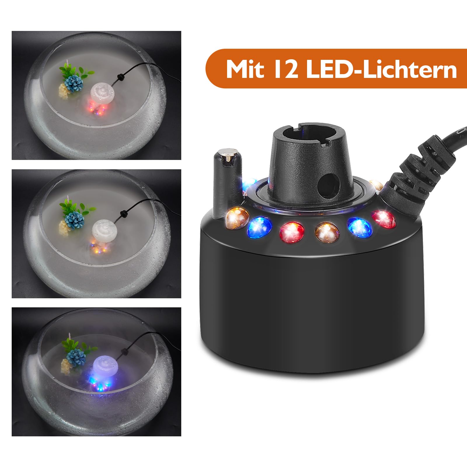 FITNATE 12 Luces LED Mist Maker Fogger, Generador de Niebla, Fogger Ultrasónico, Atomizador Humidificador de Aire, Fuente de Agua, Ideal para Decoración de Estanque, para Halloween y Otro Festival