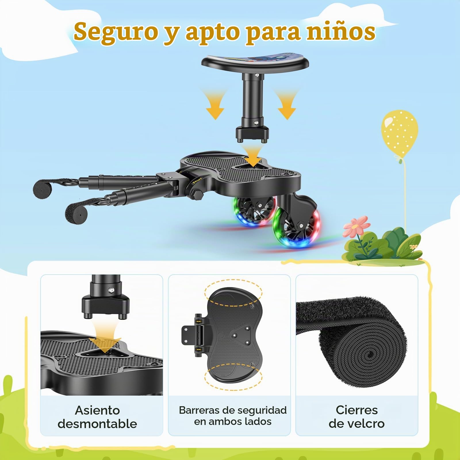 Silla de paseo con asiento, plataforma universal con ruedas LED, accesorios para niños a partir de 2 – 6 años (25 kg), accesorios para cochecito de bebé para más del 99% de los cochecitos