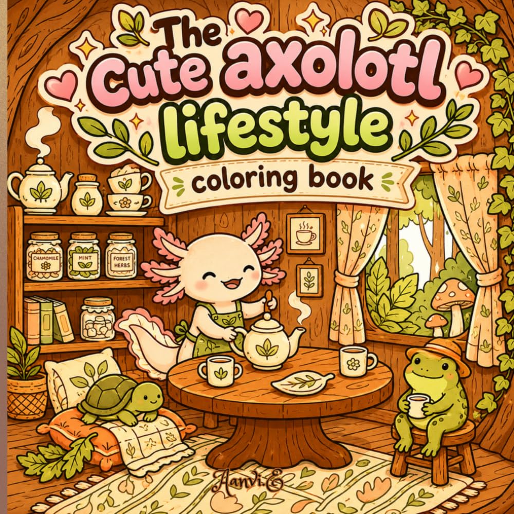 The Cute Axolotl Lifestyle Coloring Book: Cozy Forest Tea Time, Cute Woodland Adventures, and Relaxing Axolotl Scenes to Color