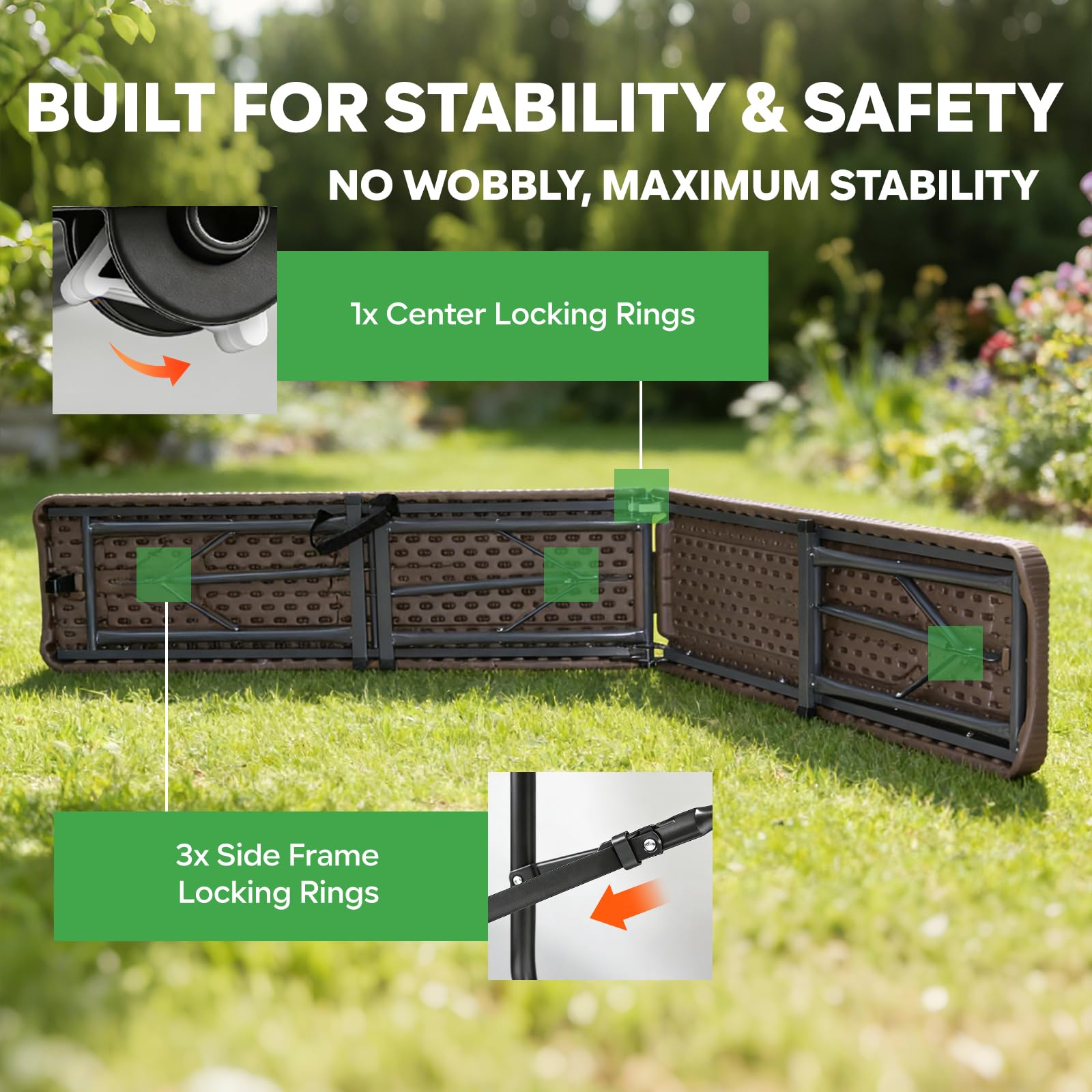Banc Pliable 180x28x43 cm, Lot de 2, Banc Jardin Pliable en HDPE avec Effet Tressé, 4 Verrous de Sécurité, Capacité de Charge 300 kg, Banc Extérieur pour Balcon Terrasse Camping