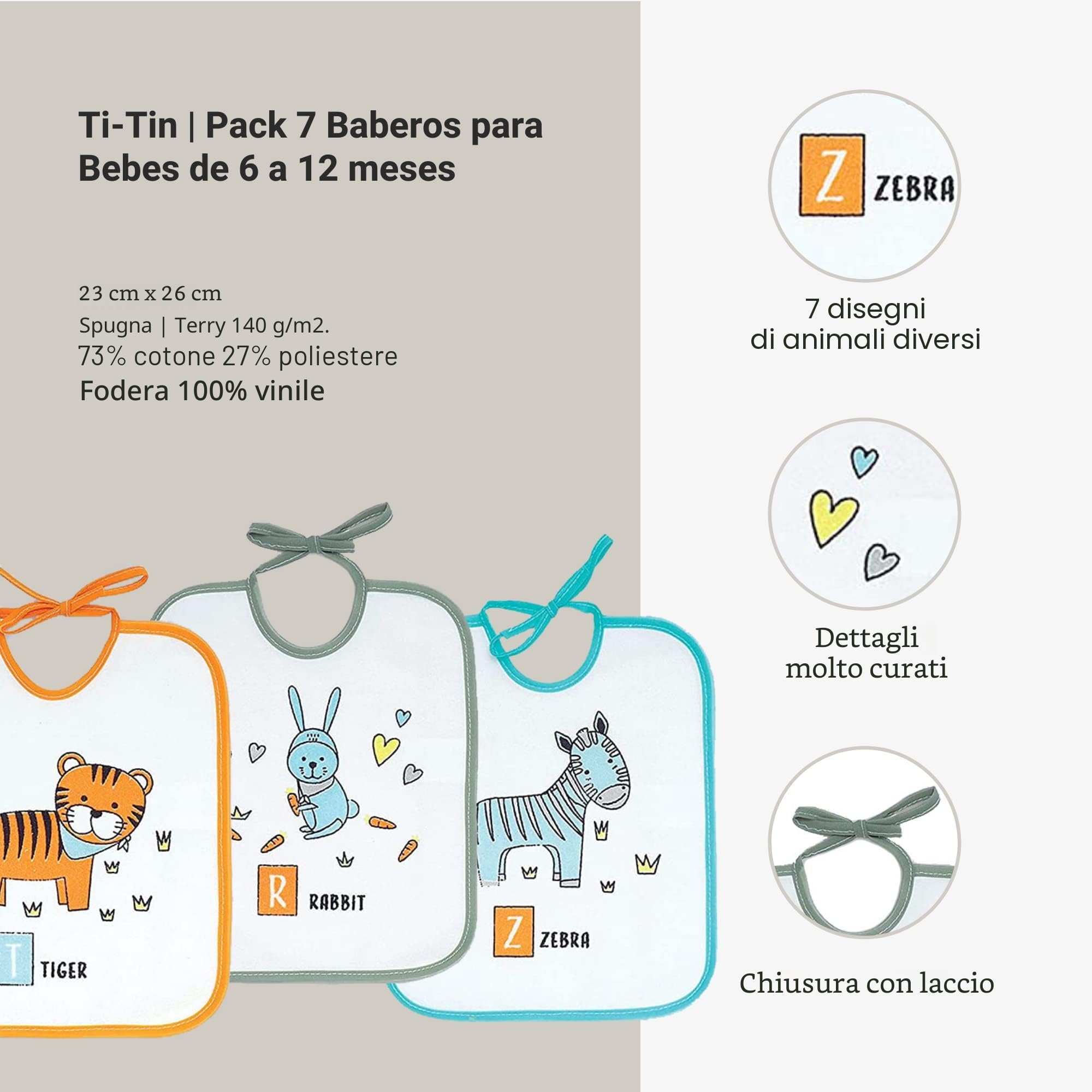 Bavaglini Impermeabili 73% Cotone 27% Poliestere Fodera Vinile Confezione Da 7 23x27 cm per Bambini 6-18 Mesi