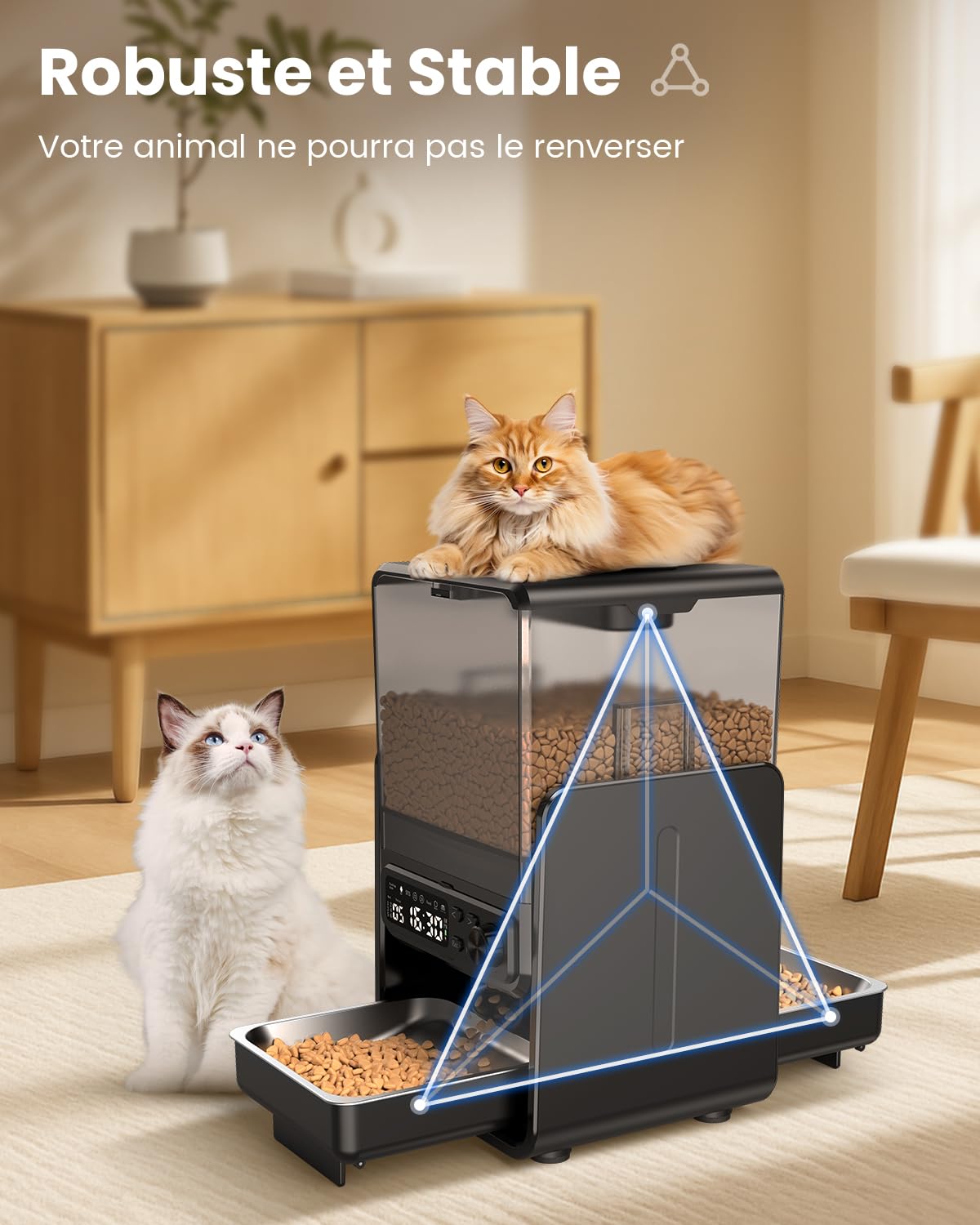 Distributeur automatique de nourriture pour chat pour 2 chats, 5L/20 tasses Distributeur automatique de nourriture pour chat avec bols réglables, panneau de commande amovible, programmation