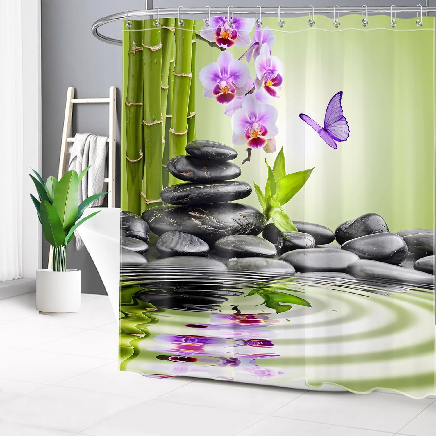LB Spa Shower Curtain Sets with Rugs Purple Flower and Butterfly with Black Zen Stone in Water Fabric Shower Curtain with Hooks Nature Green Bamboo Bathroom Curtains Shower Set, 70x70 inches