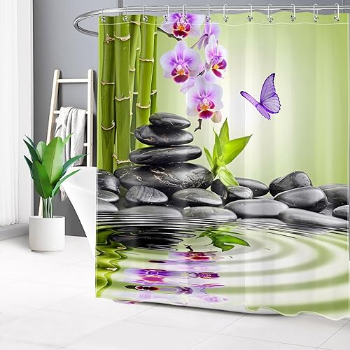 Miniatura 2 de Zen - Cortina de ducha de spa para baño, diseño de mariposa morada, floral y bambú verde con guijarros negros con 12 ganchos, juego de cortinas de