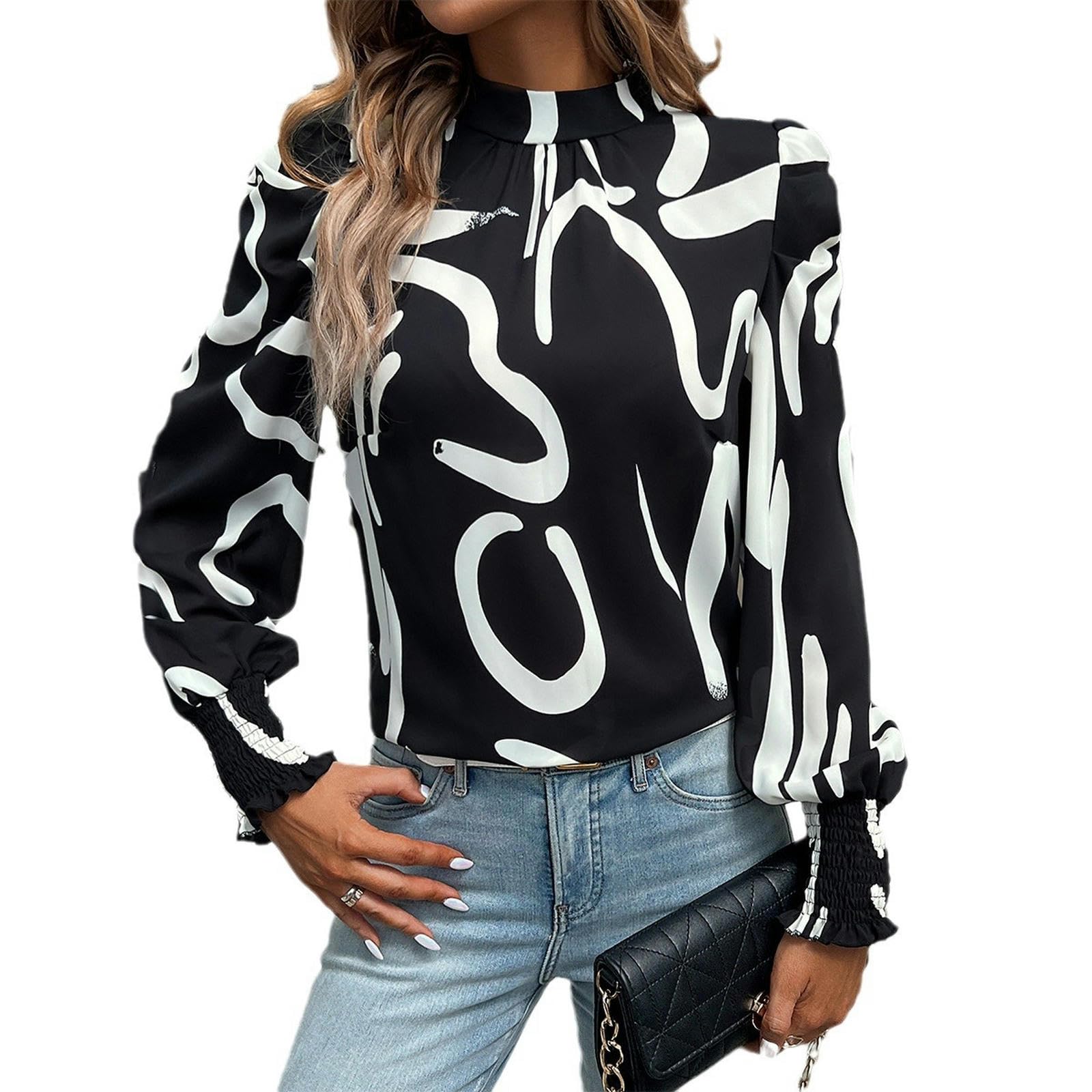 Camisa Estampada Mujer Cuello Redondo Manga Larga Invierno - Fondo Negro Flores Blancas - M