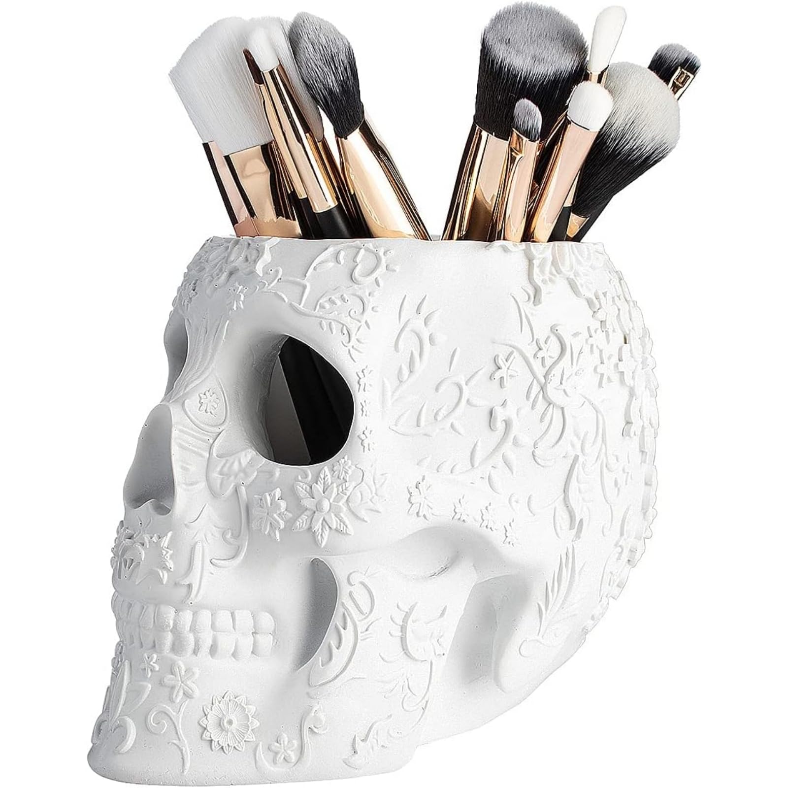 Skull Makeup Brush, Candy Bowl & Pen Holder, Bowl, Spooky Goth Decorations, Extra Large, Strong Resin, Skeleton Skulls and Bones Organizer Bathroom