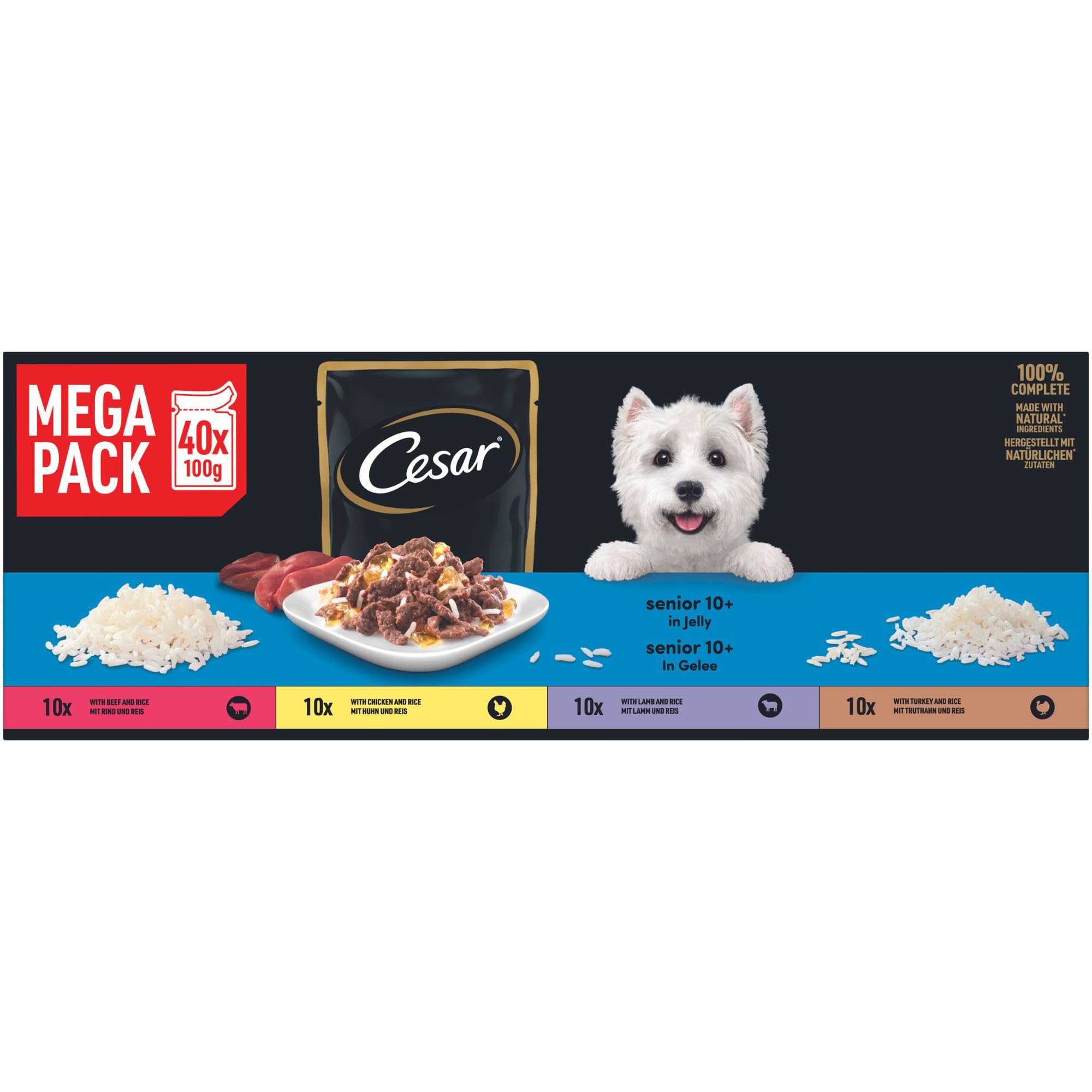 Cesar Selektion in Gelee Premium Hunde Nassfutter für Senior 10+ im Portionsbeutel Getreidefrei mit Superfoods in 4 Varietäten Megapack 40x100g