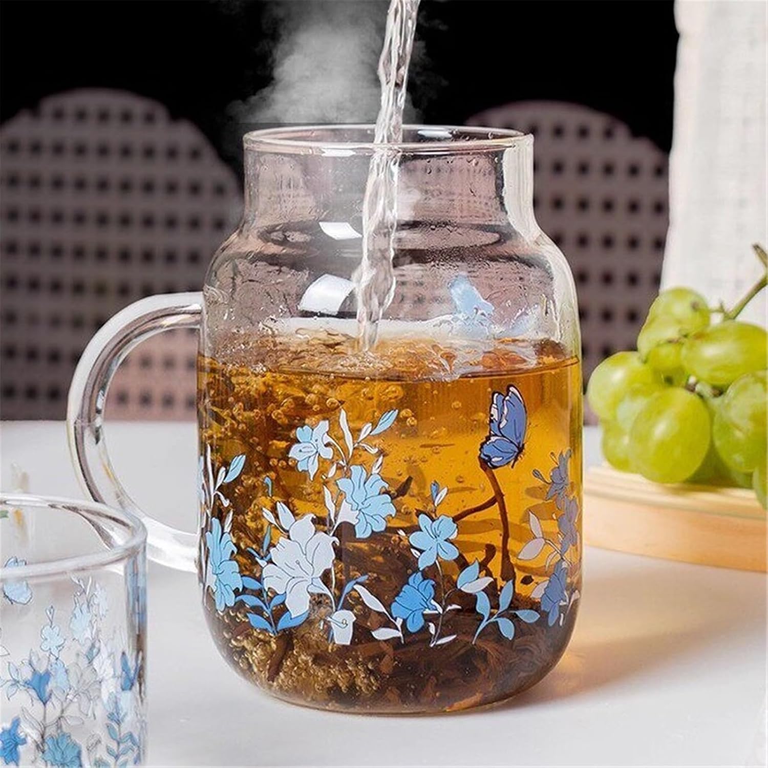 Hot/Cold Bedside Water Carafe and Glass Set with Handle, Clear Glass Pitcher for Bedroom Nightstand, Beverages Mouthwash Dispenser
