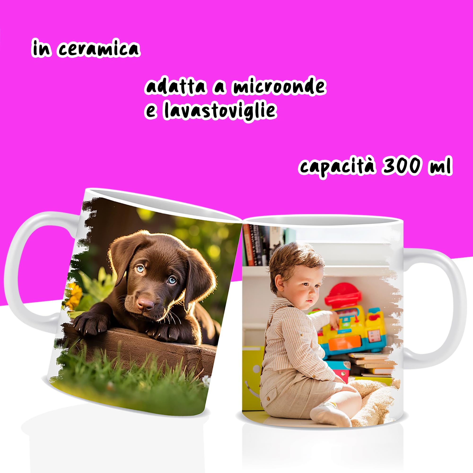Tazza Personalizzata Fino a 3 Foto, Made in Italy - Tazza in Ceramica 325 ML Interamente Personalizzabile a 360 Gradi con Foto - Idea Regalo Compleanno Amica, Festa della Mamma e San Valentino
