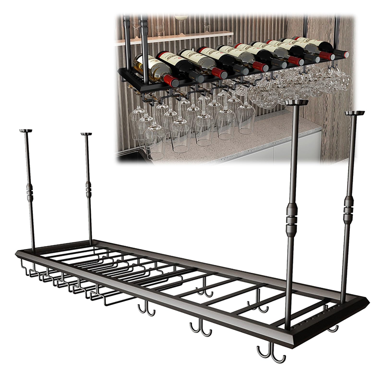 ASYJVWYZ Hanging Wine Rack With Stemware Glass Holder, Industrial Ceiling-Mounted Wine Bottle Organizer, Adjustable Bar Storage Shelf(Style B,120x30cm/47x12in)