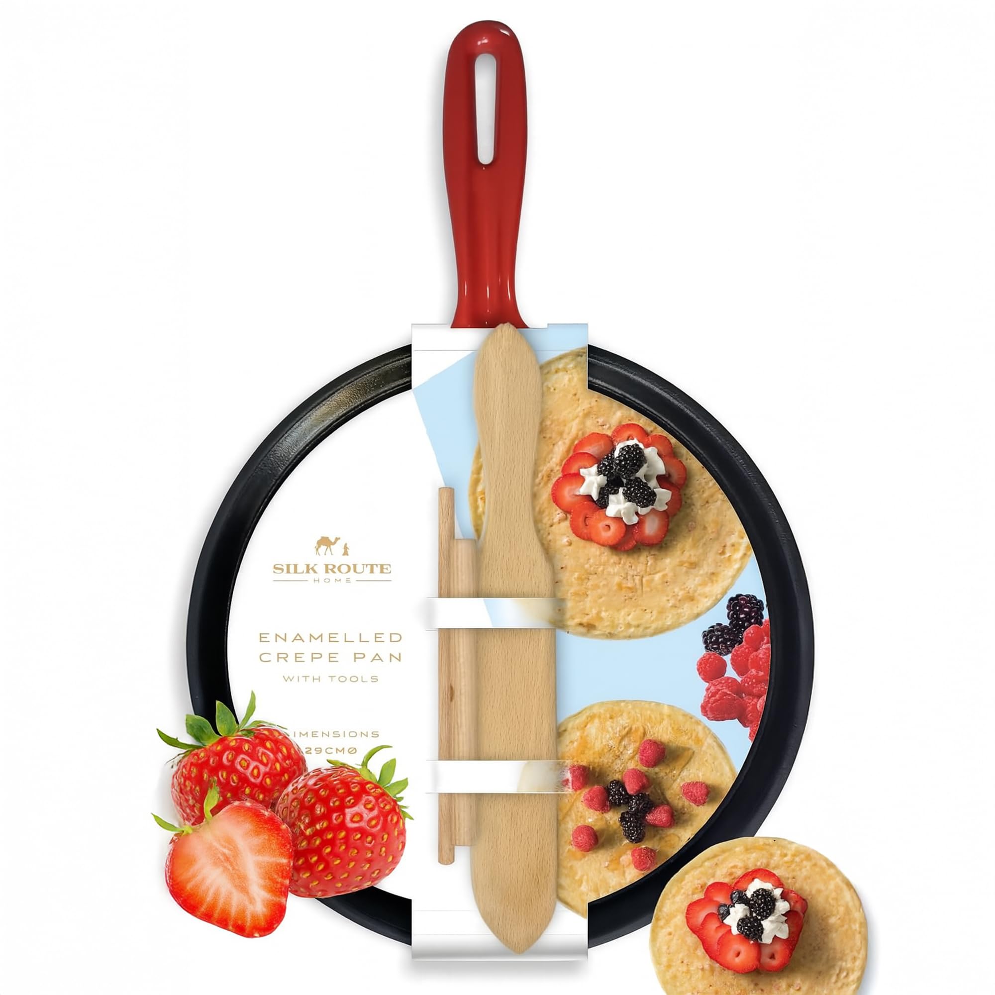 Silk Route Home - Sartén de hierro fundido para crepes y tortitas de 25 cm, plancha antiadherente con esparcidor y espátula, sartén presazonada duradera para crepes, tortitas, tortillas y más