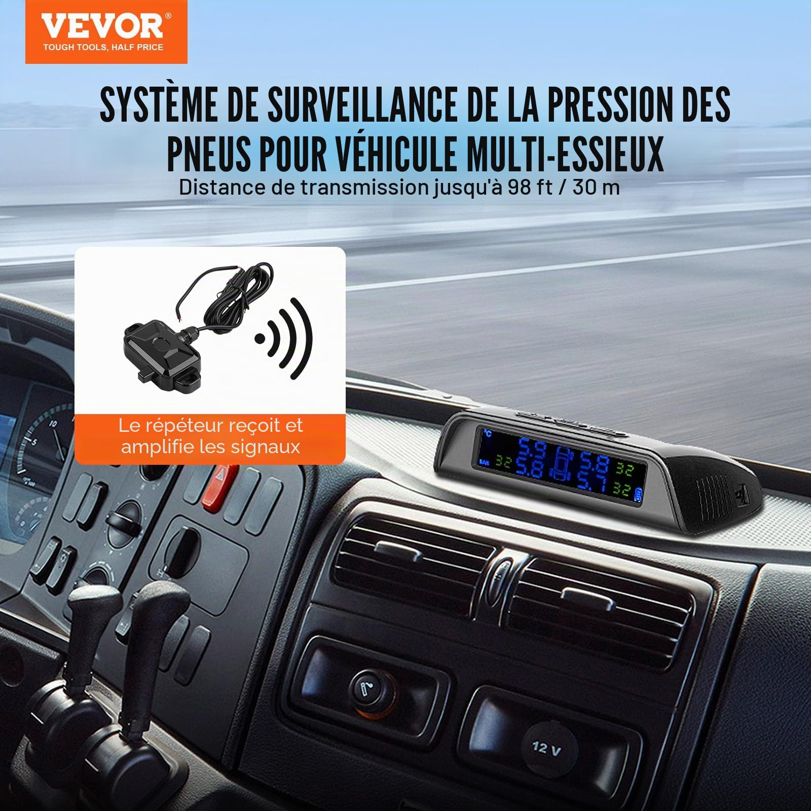 VEVOR TPMS avec 6 Capteurs, Système de Surveillance de la Pression des Pneus 0,5-8 Bars, Système d'Alarme de Voiture sans Fil Universel, Affichage en Temps Réel, 5 Modes d'Alarme, avec Charge Solaire