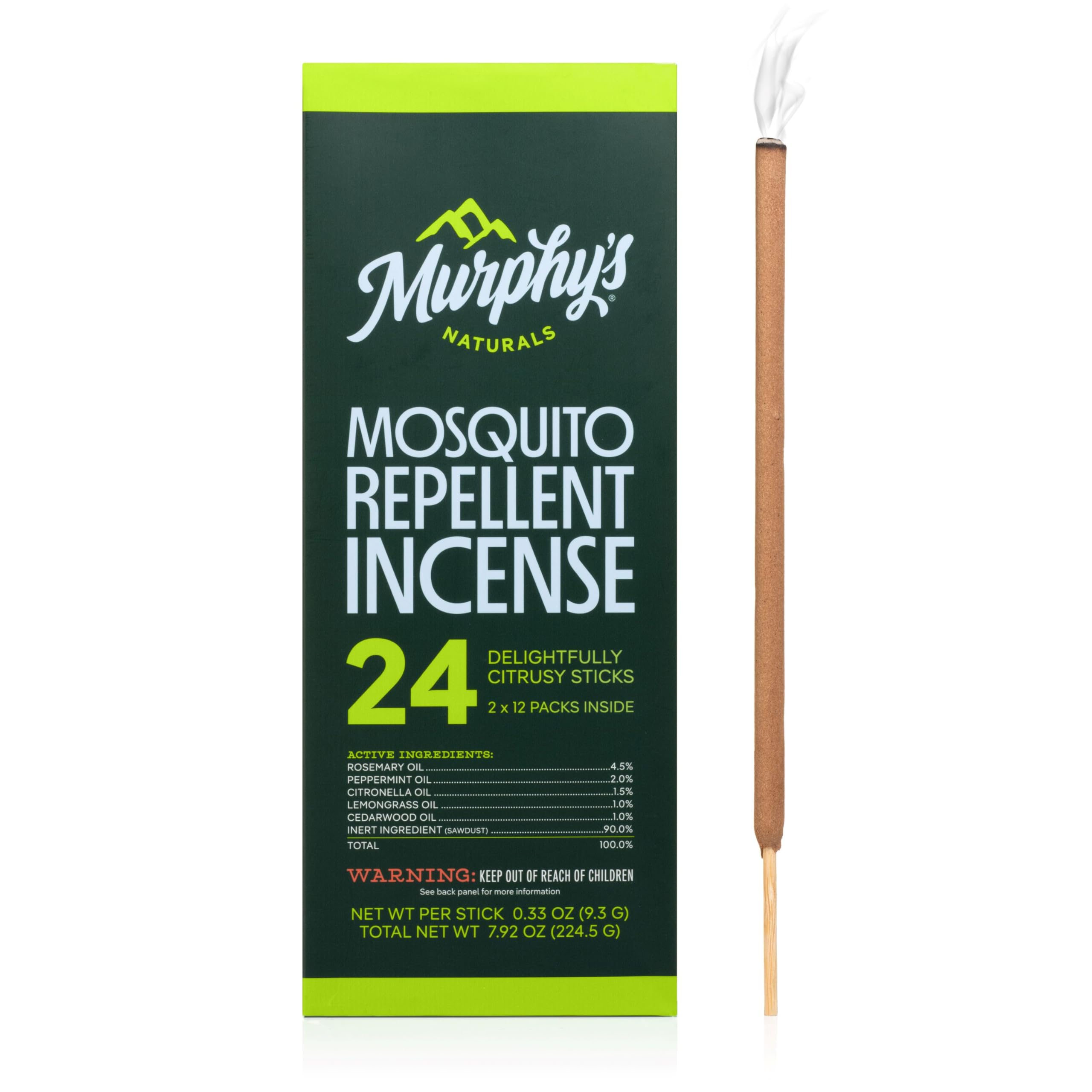 Murphy’s Naturals Mosquito Repellent Incense Sticks, 24 Count, DEET Free Insect Repellent with Citronella for Outdoor Yard, 2.5+ Hours per Stick