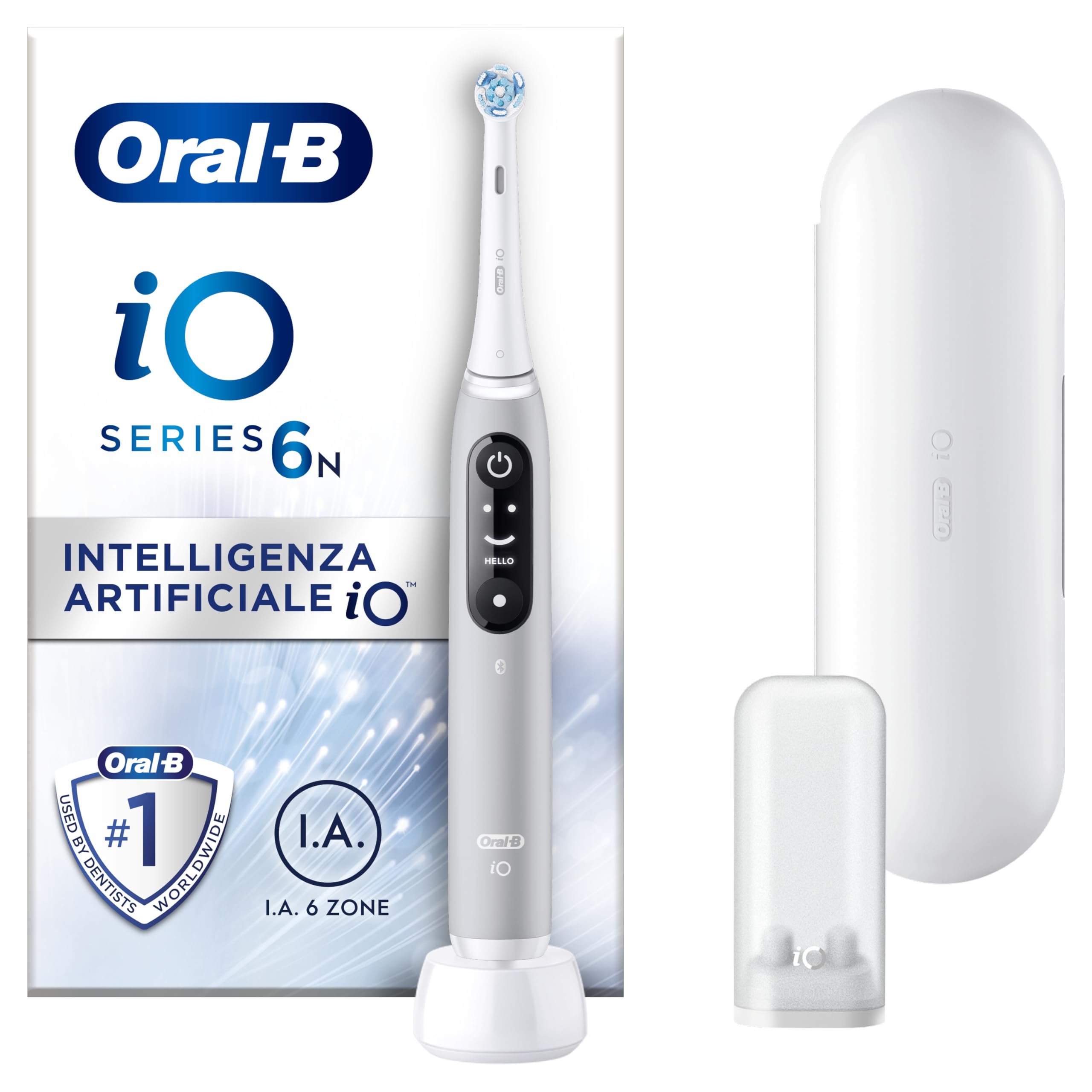 Oral-B Spazzolino Elettrico Ricaricabile iO 6N, Sensore di Pressione, Display Interattivo, Intelligenza Artificiale, 2 Testine, 1 Spazzolino, 1 Custodia da Viaggio, Grigio, Idea Regalo