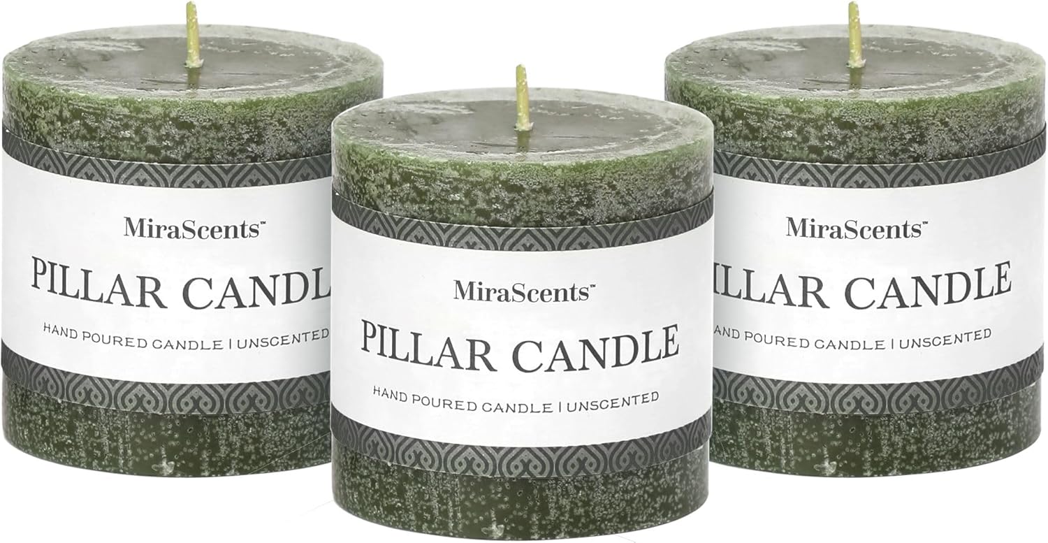 3x3 Inch Moss Green Pillar Candles Set of 3 Unscented