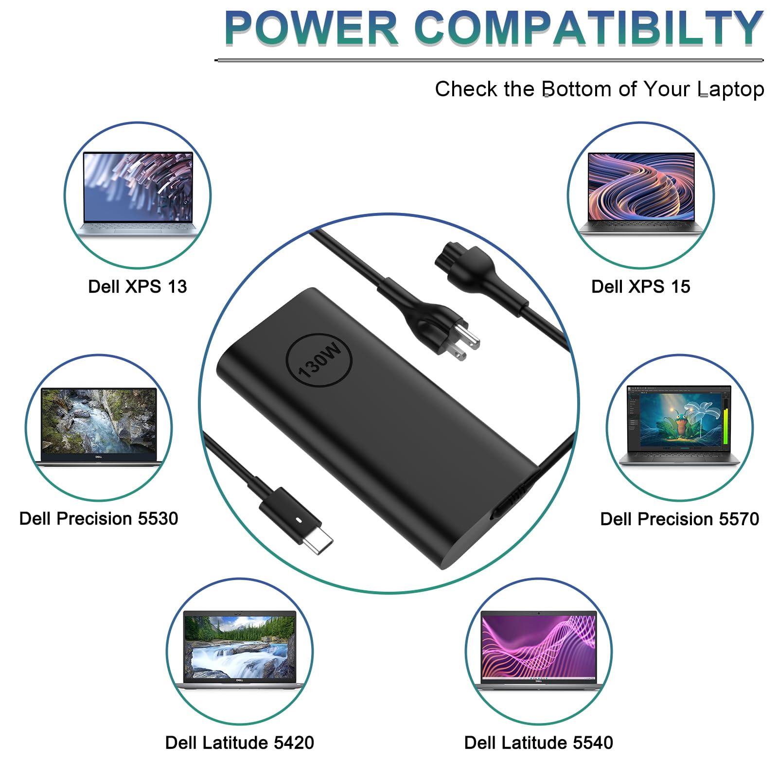 Replacement for Dell 130W Laptop Charger USB C Slim Adapter - XPS 17 15 7590 9700 9500 9510 Precision 5560 3560 5540 5570 5550 3561 3550 5510 5520 Latitude 7410 7310 7210 Type C Computer AC Power Cord