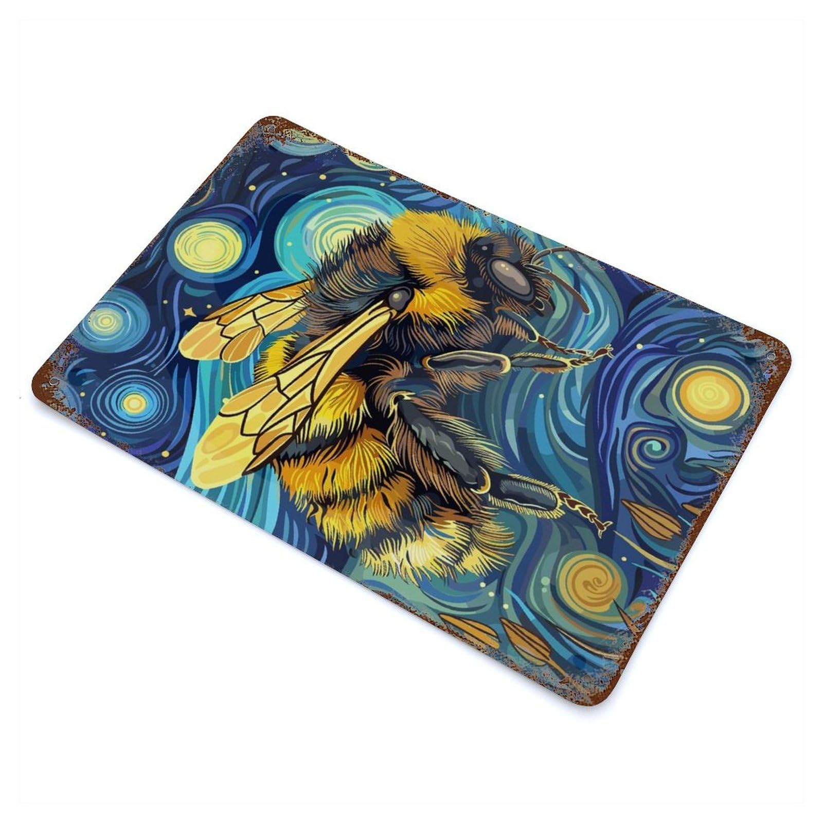 Distressed Metal Wall Sign Bee in Starry Night Style 11.8"x7.9", Vintage Wall Decor for Garage, Bar And Workshop Decor