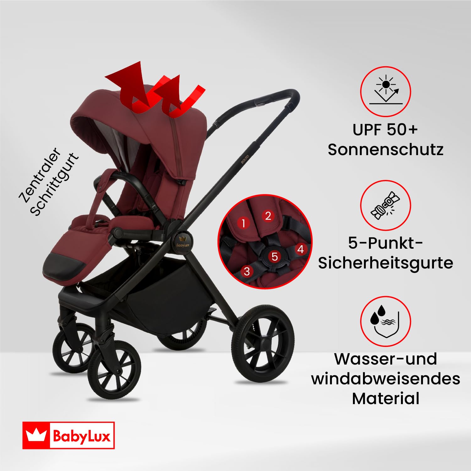BabyLux® Kinderwagen 4in1 Set BOLDO, Faltbar Leicht Kombikinderwagen Set | incl. Babywanne, Reisebuggy, Kindersitz i-Size, Auto Basisstation, 4 Liegepositionen, 0-22kg, UV Schutz 50+, Vollgummireifen
