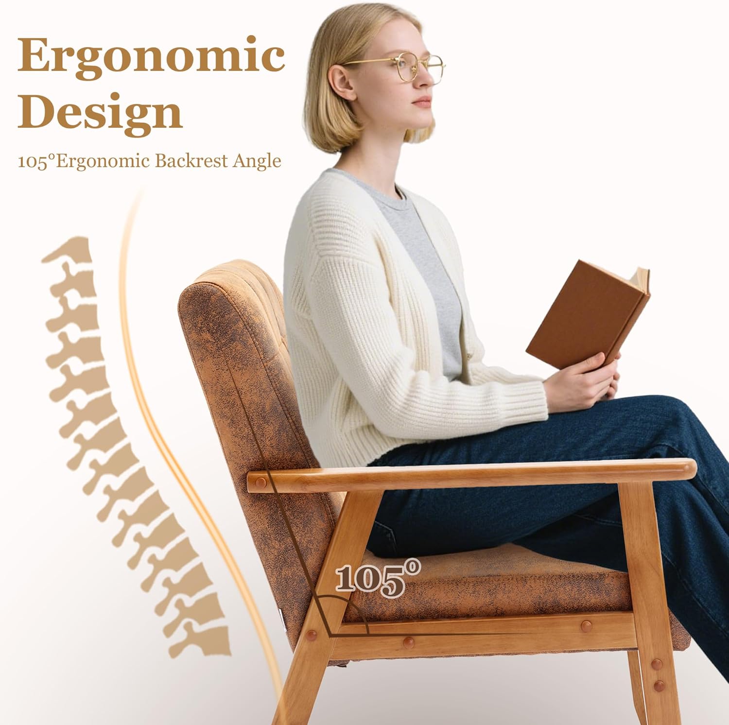 PU Leather Accent Chair Set of 2, Mid-Century Modern Armchair with Solid Wood Armrests, Button-Tufted Comfortable Cushioned Reading Chairs for Living Room, Bedroom (Coffee