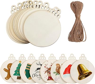 40 Wooden Round Discs & Circles - Christmas Wood Balls Decorations with Twine Ropes for Kids Crafts & Ornaments