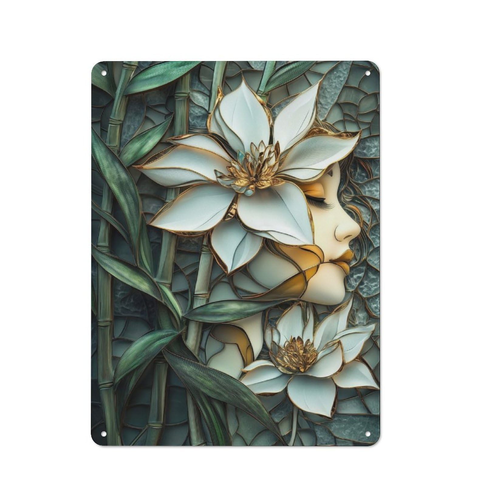 Junmoney Woman And Flowers Kintsugi Metal Plaque 40X30cm With For Workshop Wall, Retro Decor, For Garage, Workshop And Man Cave Decoration
