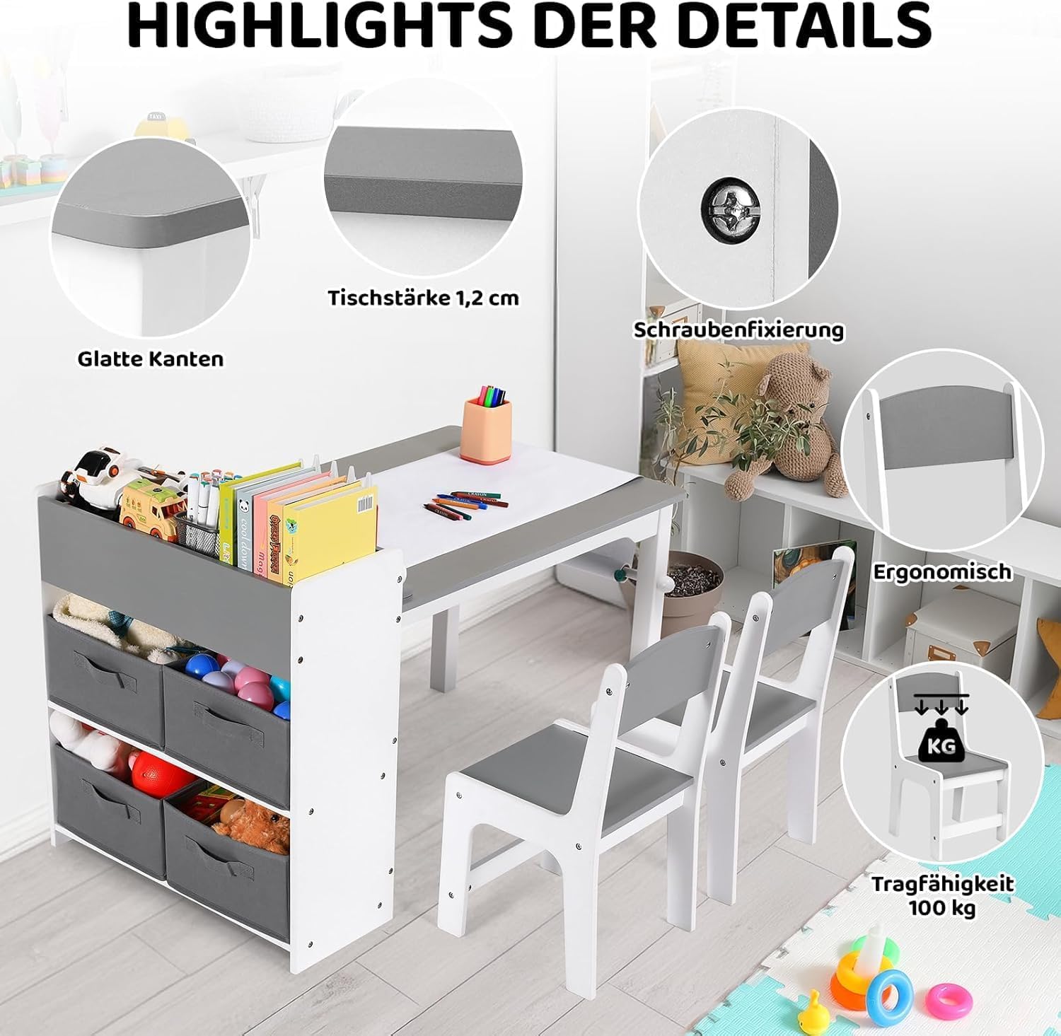 MAMIZO Kindertisch mit 2 PCS Stühlen, Maltisch & Basteltisch Kinder, Tisch & Stühle Kinderzimmer Set, Spieltisch mit Stauraum für Kinder ab 3 Jahren (Grau Weiß)