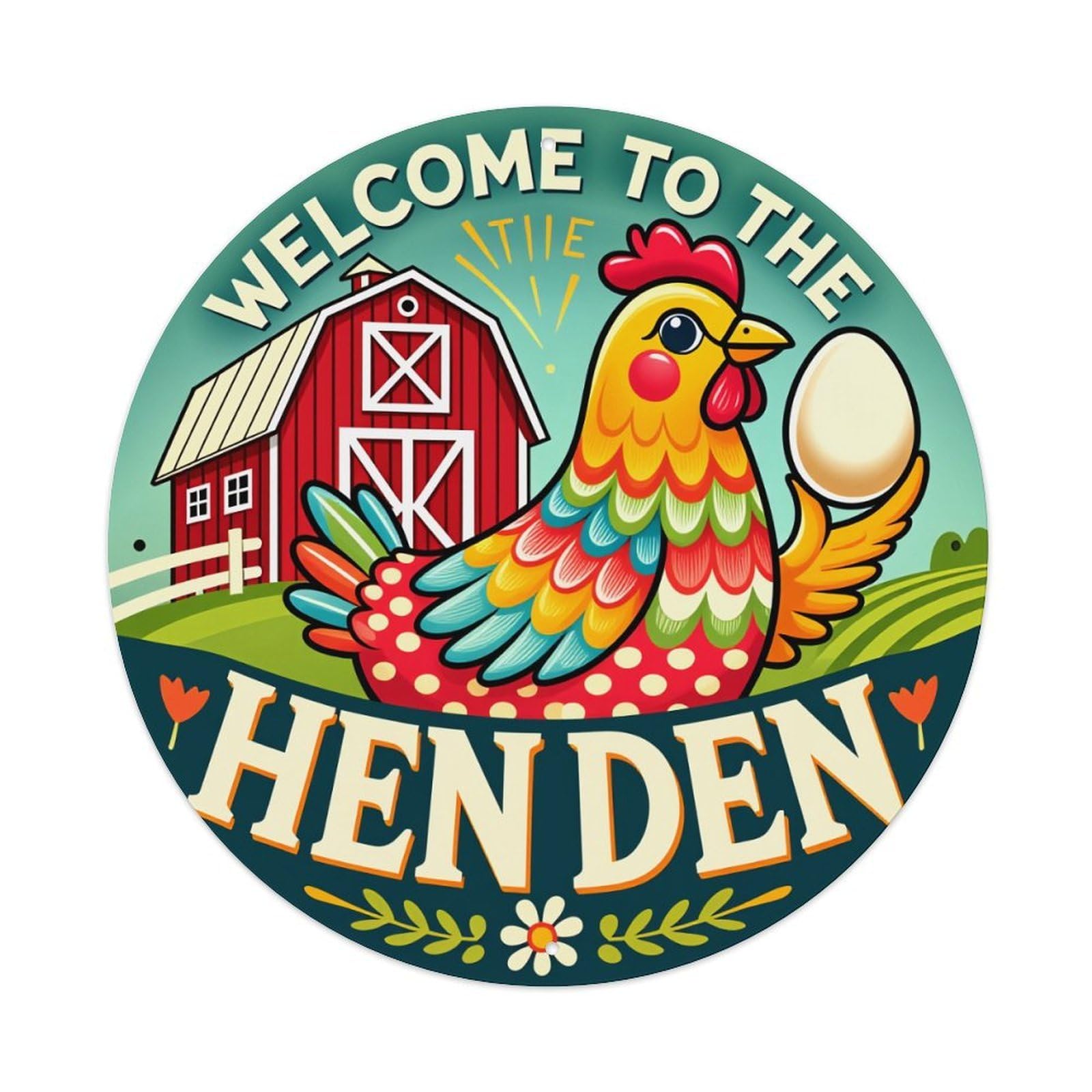 Colorful Chicken Barn Egg Farm Round Tin Sign Vintage Style Metal Sign Home Bar Garden Wall Plaque Decor Metal Poster 8x8 Inch