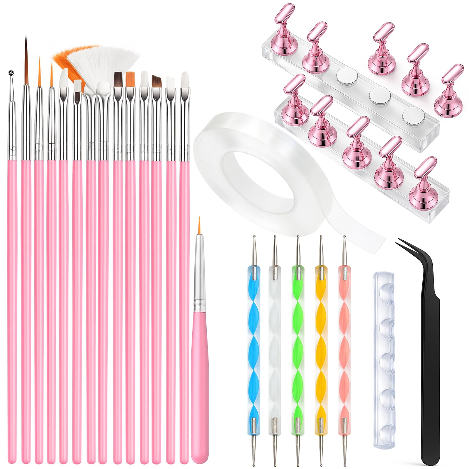 Nail Art Tools Set,15 PCS Nail Brushes,5 PCS Nail Dotting Tools,Nail Stands,Brush Holder,Tweezers,Double-Sided Tape,Nail Design Tools Kit for Press On Nails and Nail Painting