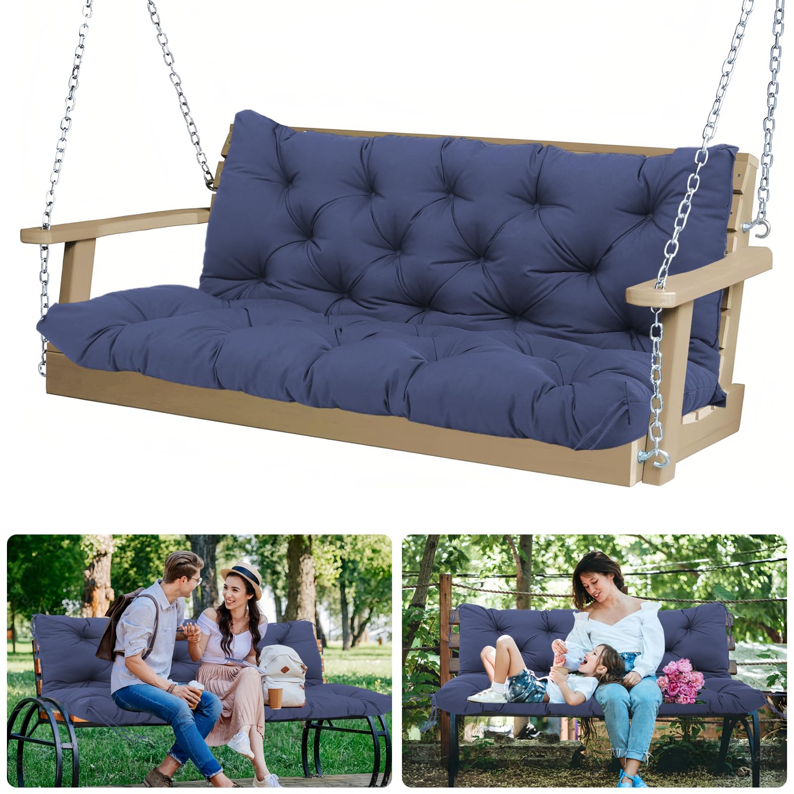 3-Seat Outdoor Swing Cushions, Waterproof, Navy Blue, Polyester & PP Cotton, 60x40x5 Inch