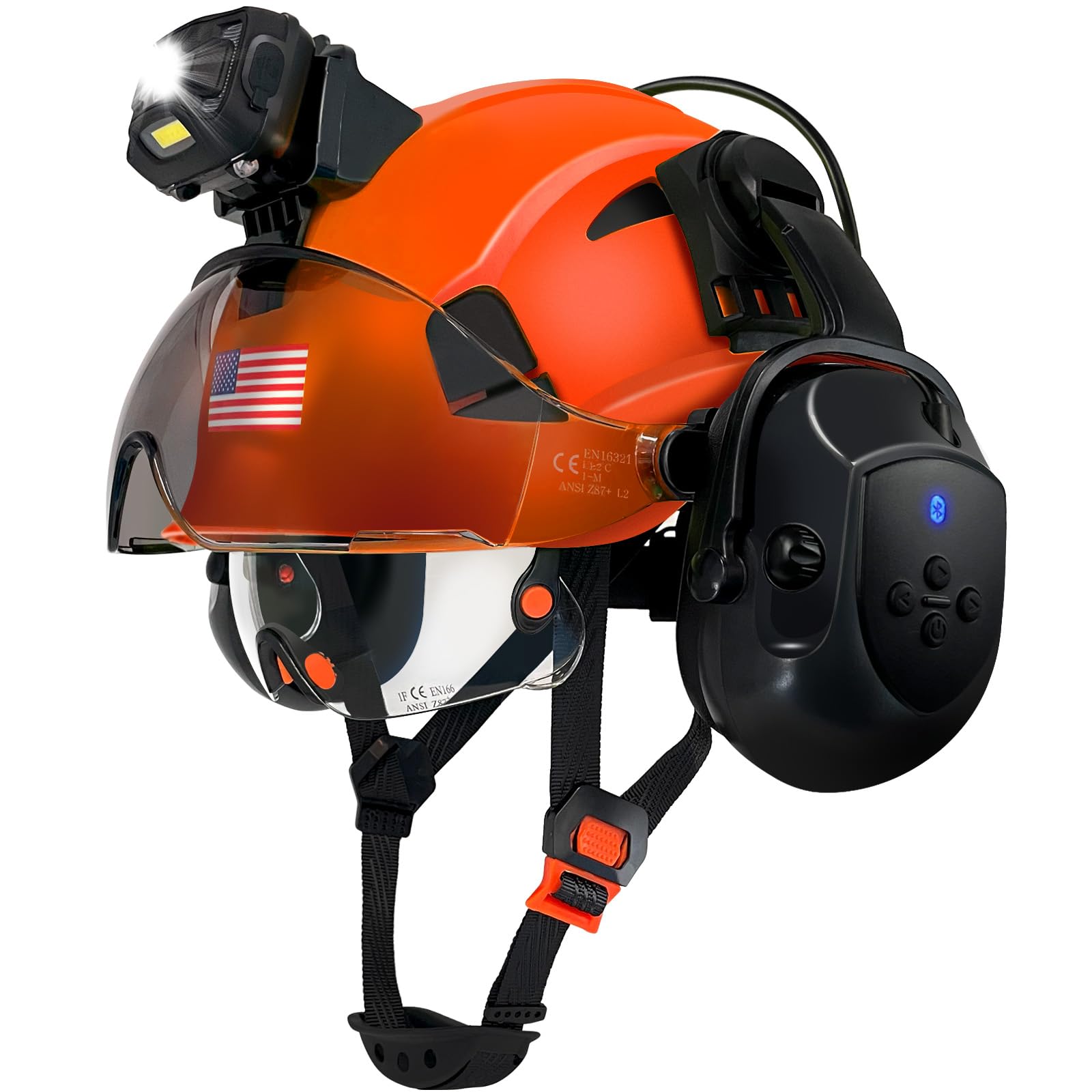 SAFEBUILDER Hard Hats with Bluetooth Ear Muffs Headlight Safety Helmet with Visor Vented Adjustable Construction Forestry Hardhats ANSI