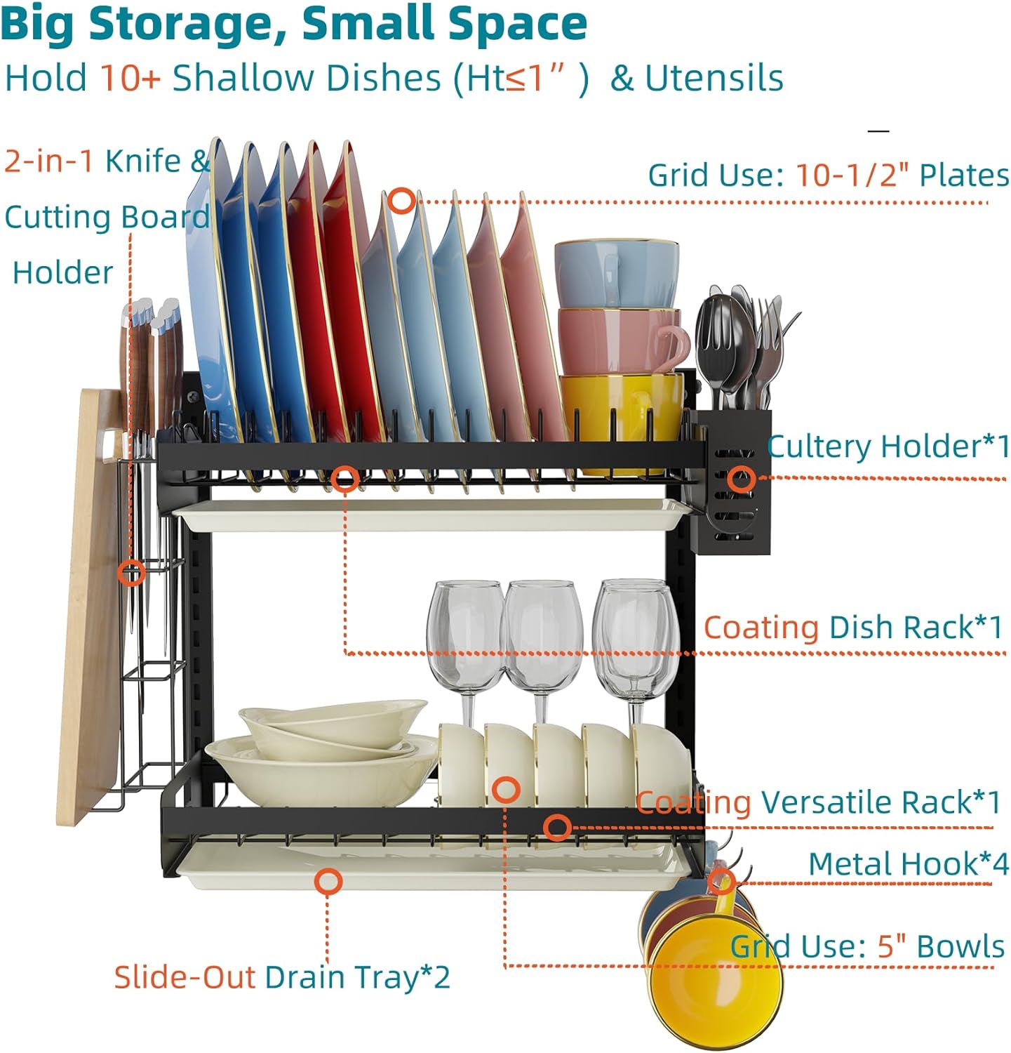 Hanging Wall Mounted Dish Drying Rack with Cutting Board Rack*1, Hook*4, Drain Tray*2, Apartment & RV Wall Mounted Dish Rack, Adhesive Mountable, 2 Layers & 16“ Long, Washable (Black)
