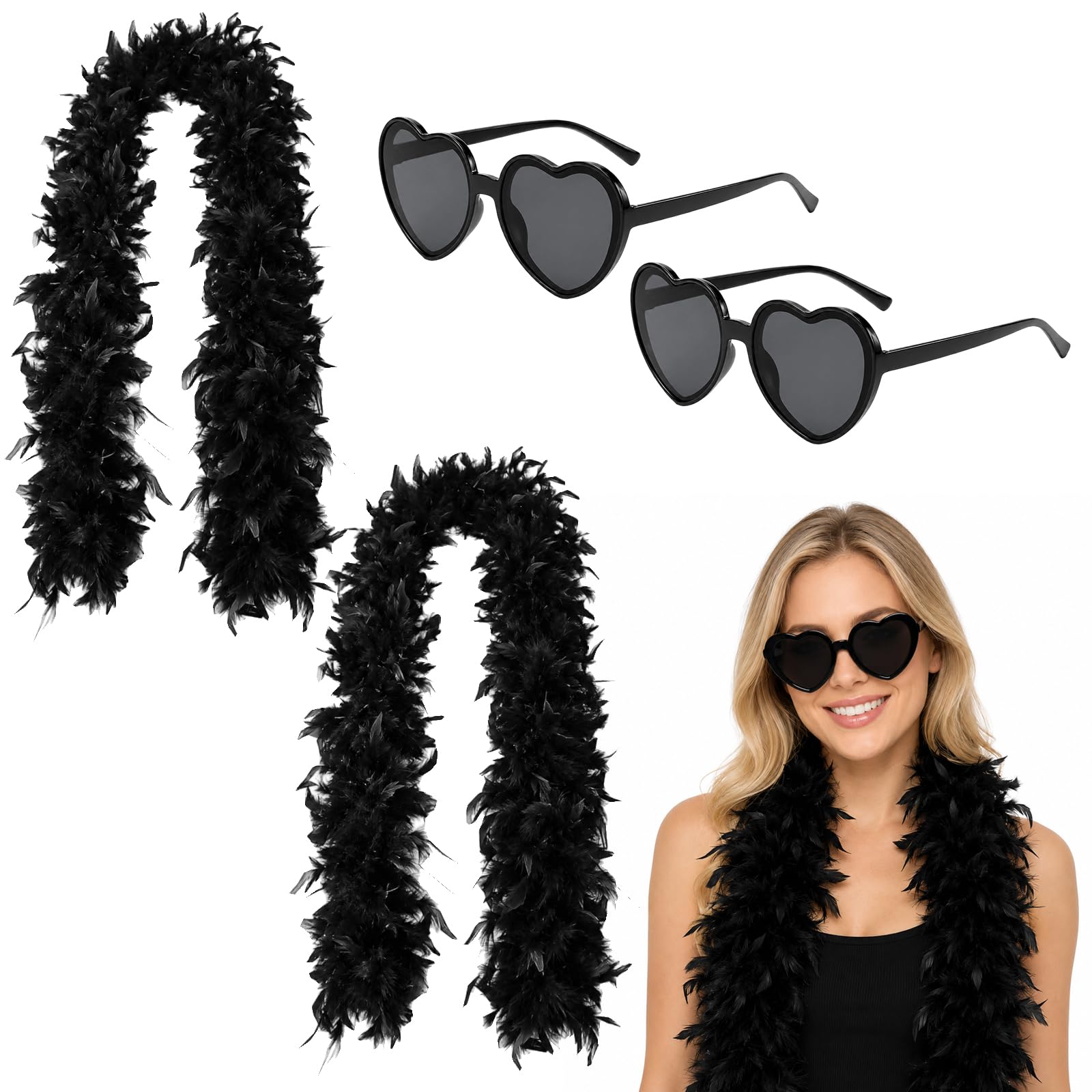 4-Piece Black Feather Boa Set with Heart Sunglasses, 80cm Fluffy Scarf and Black Heart Glasses Fancy Dress Party Accessories for Photo Booth Props