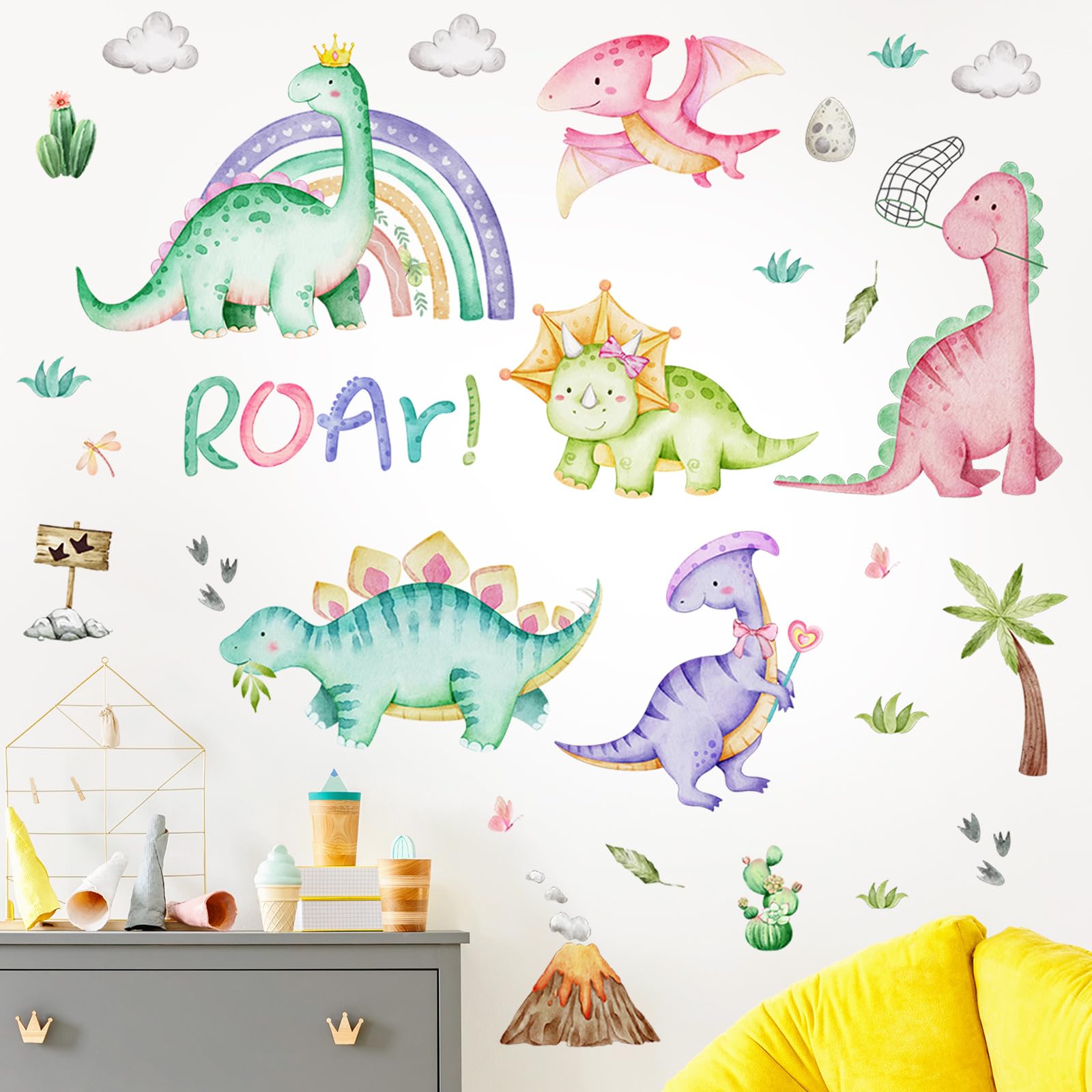 Resurhang Dinosaur Wall Decals Tree Dino Wall Stickers Large Boho Decals Home Decorations for Baby Nursery Boys Girls Bedroom Playroom Kindergarten