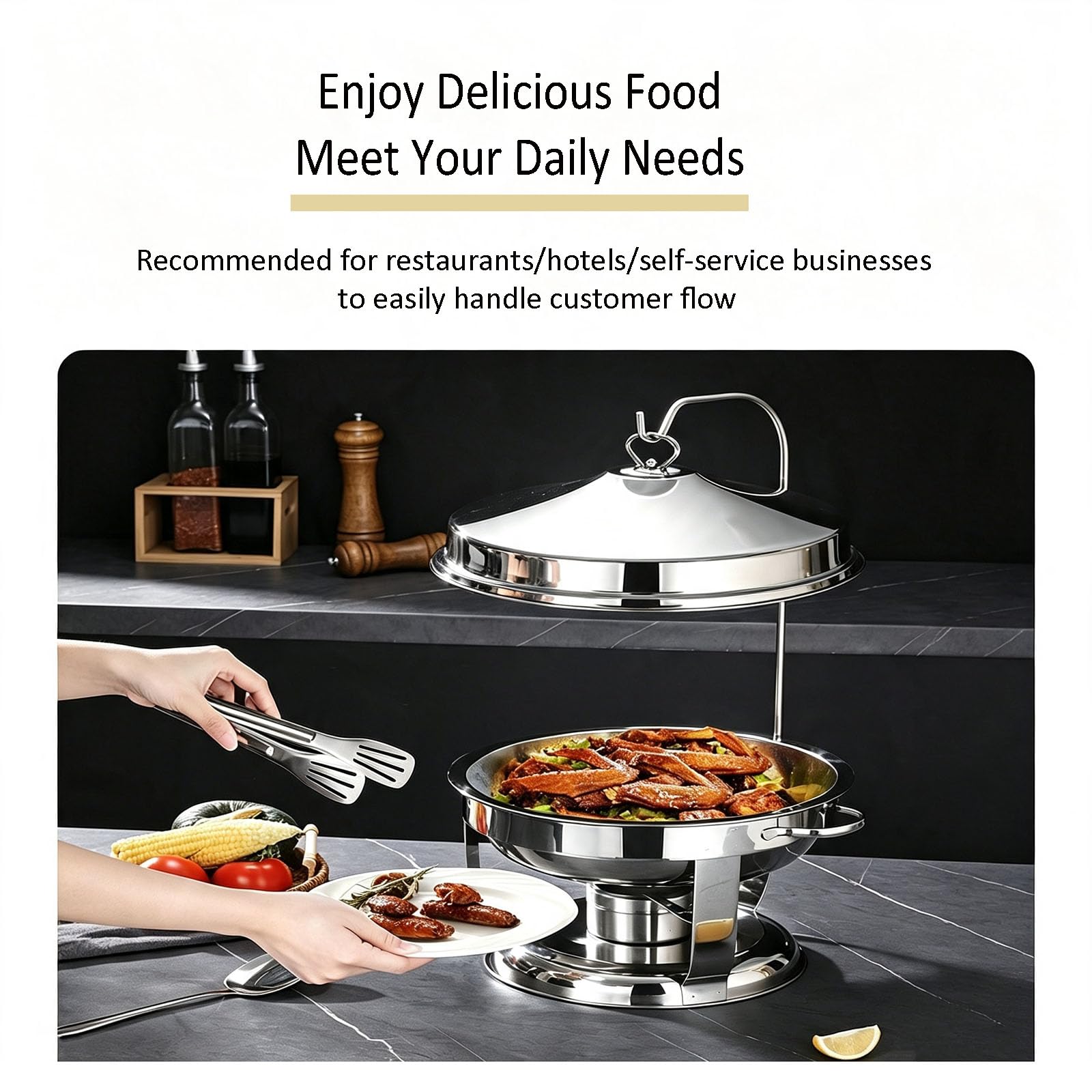 Calentadores De Alimentos De 9 litros para Buffet (9L,Sliver) | Soportes Para Combustible, Calentadores De Buffet Redondos Con Gancho, Para Bodas, Hoteles, Fiestas Y Banquetes