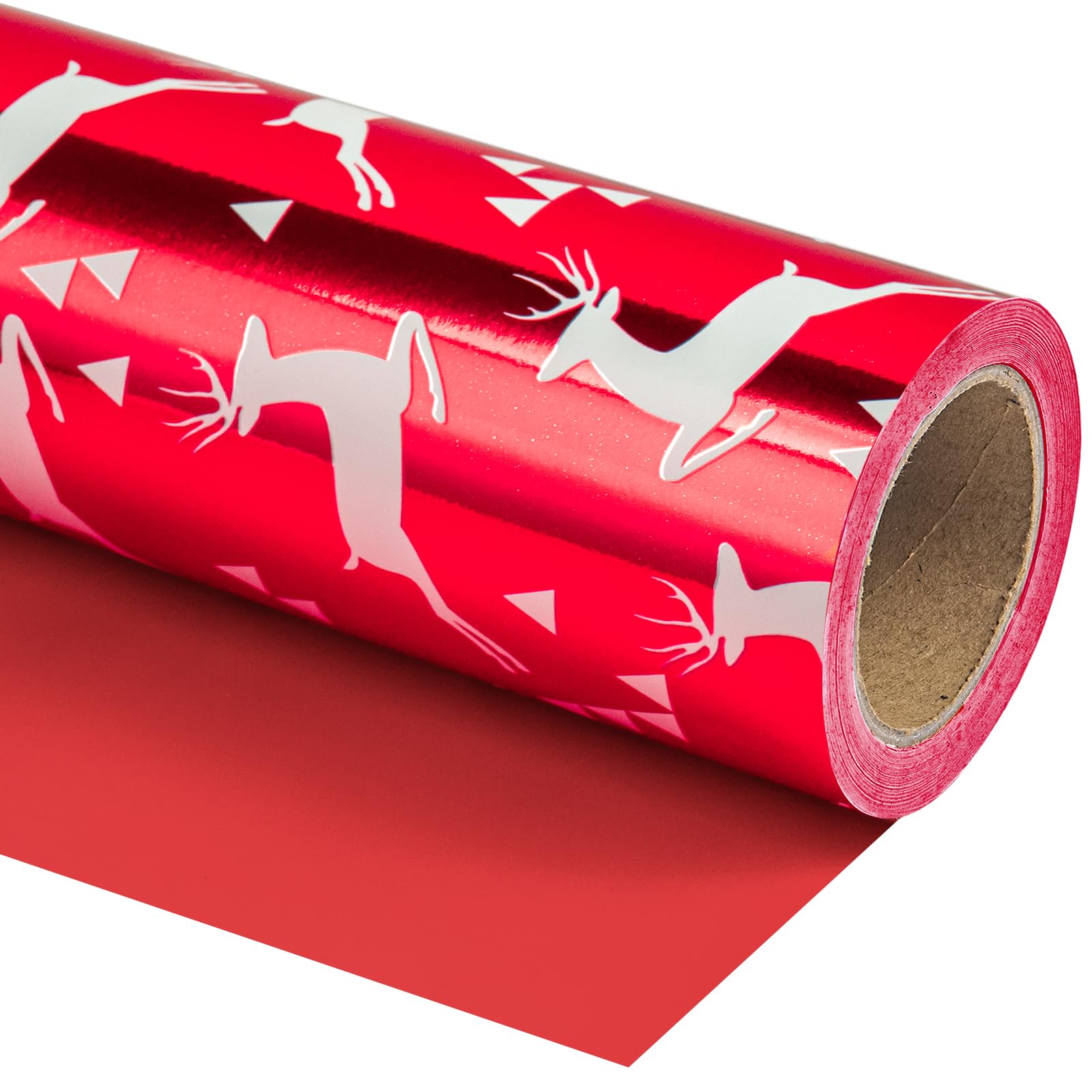 WRAPAHOLIC Papel de regalo de Navidad reversible, rollo jumbo de 30 pulgadas x 100 pies, diseño de reno rojo y rojo sólido con brillo metálico