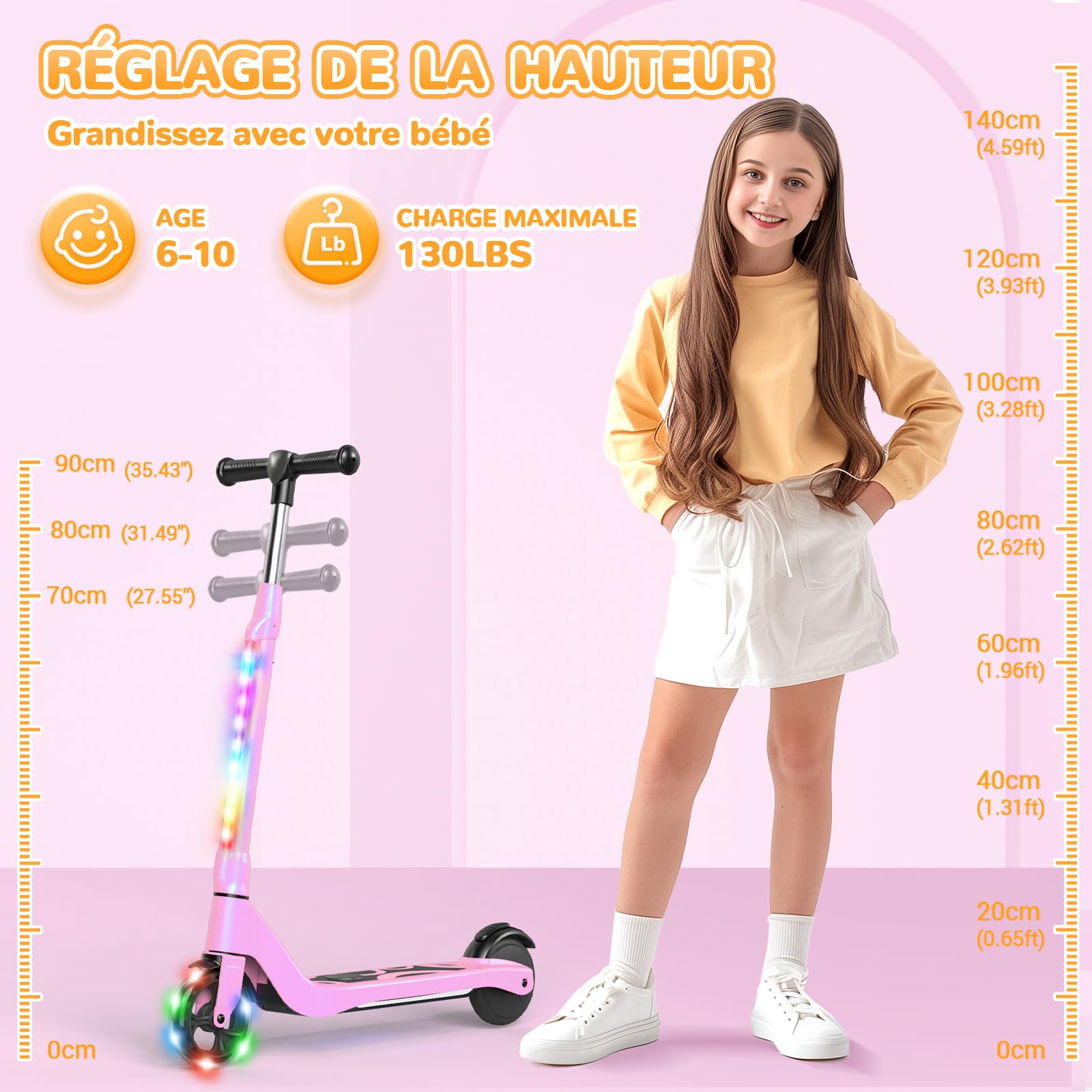 SISIGAD Trottinette Electrique Enfant 6-8-10 Ans Electric Scooter Enfant 5.3 Pouces avec Lumière LED Colorée & 3 Hauteurs Ajustables, Scooter Électrique Enfant Charge Max 70 Kg, Vitesse Max 10 Km/h